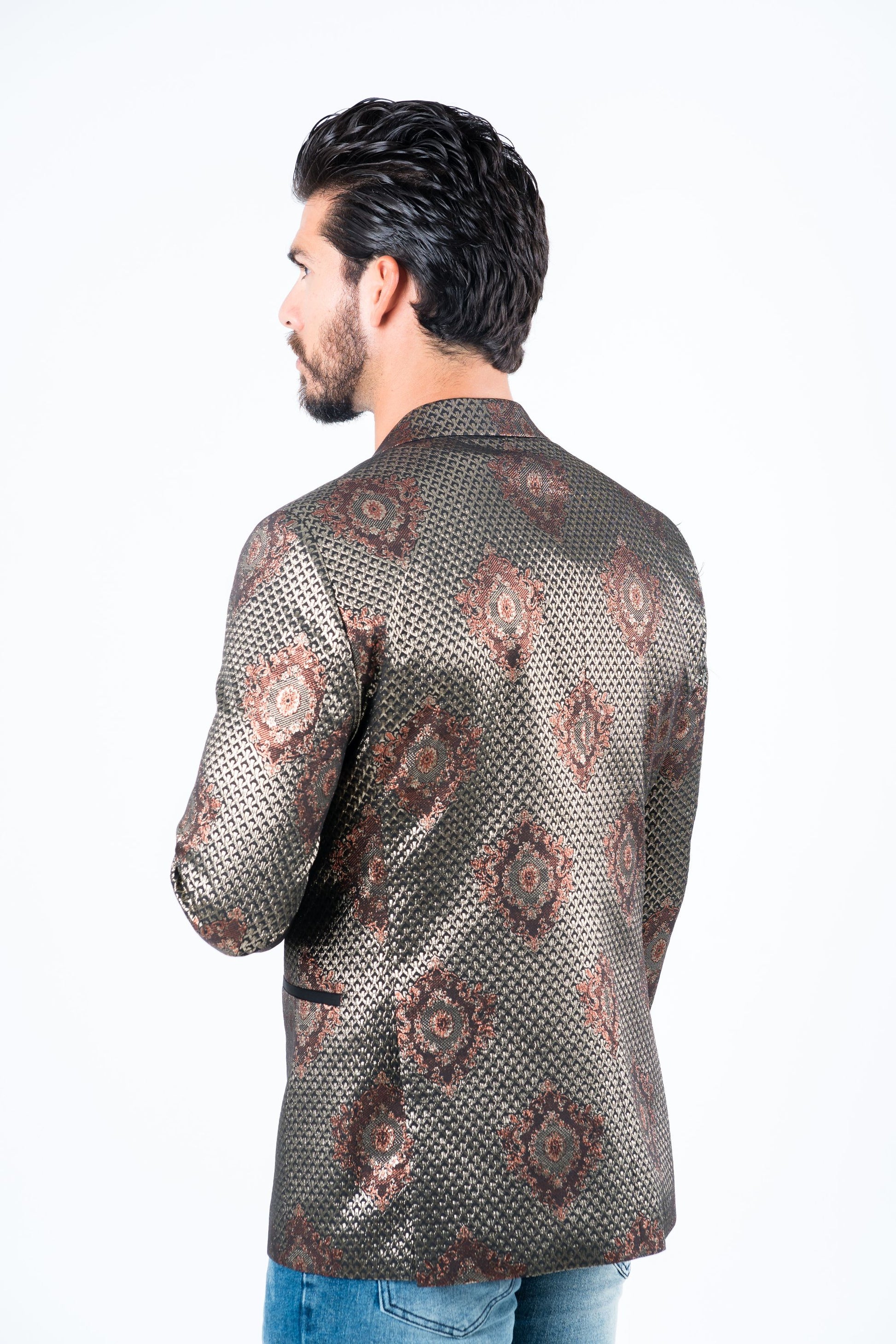 black woven print blazer men platini back