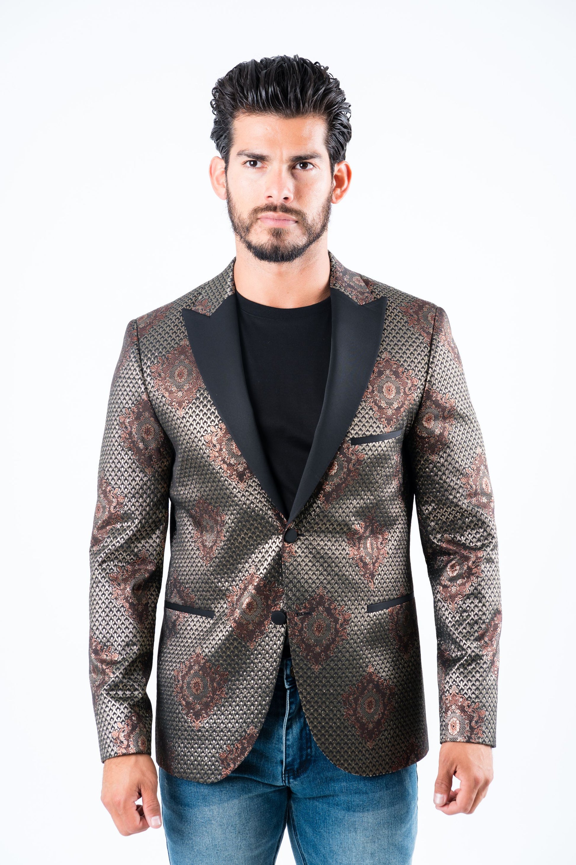 black woven print blazer men platini front