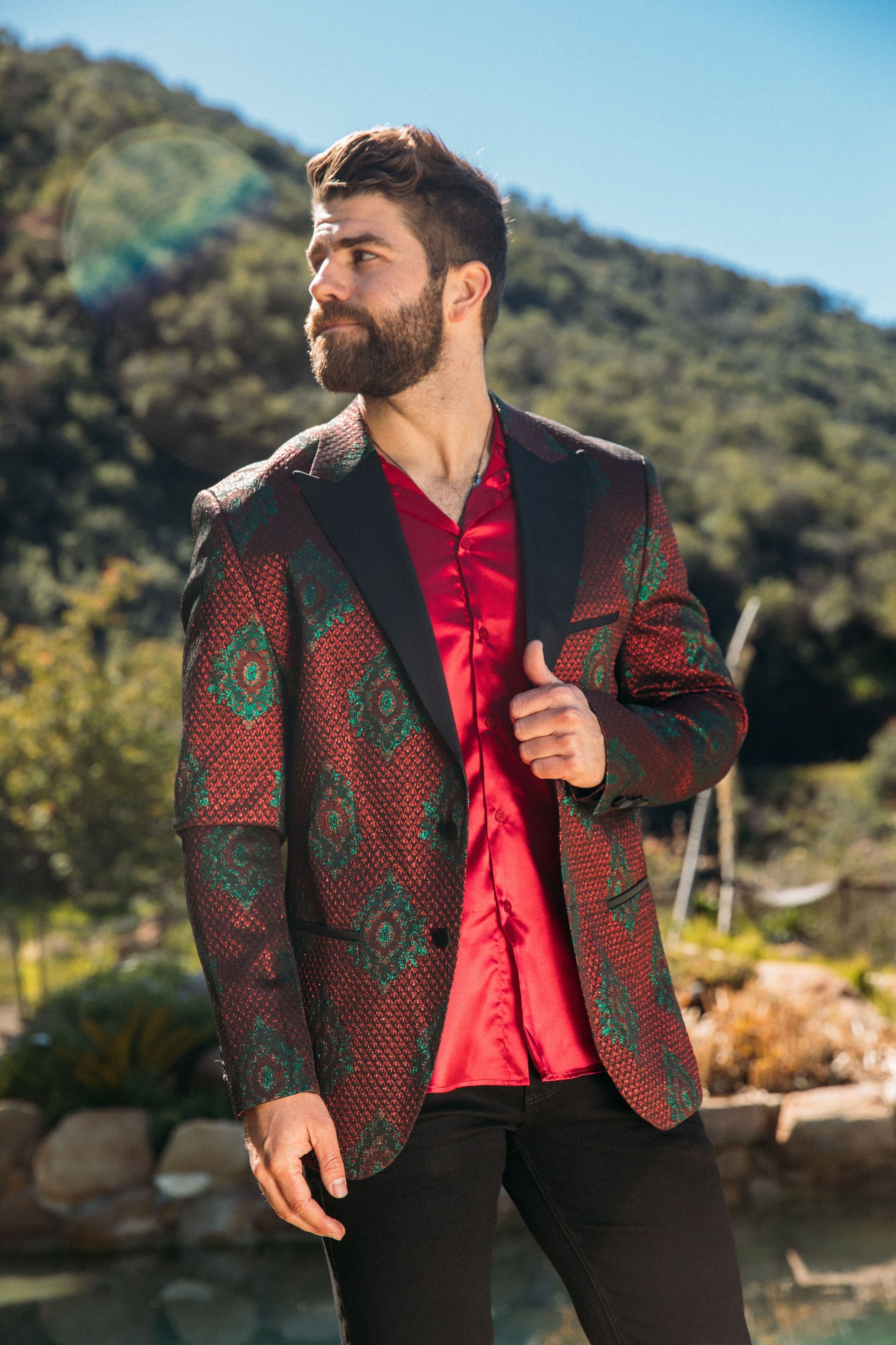 burgundy woven print blazer men platini front lifestyle