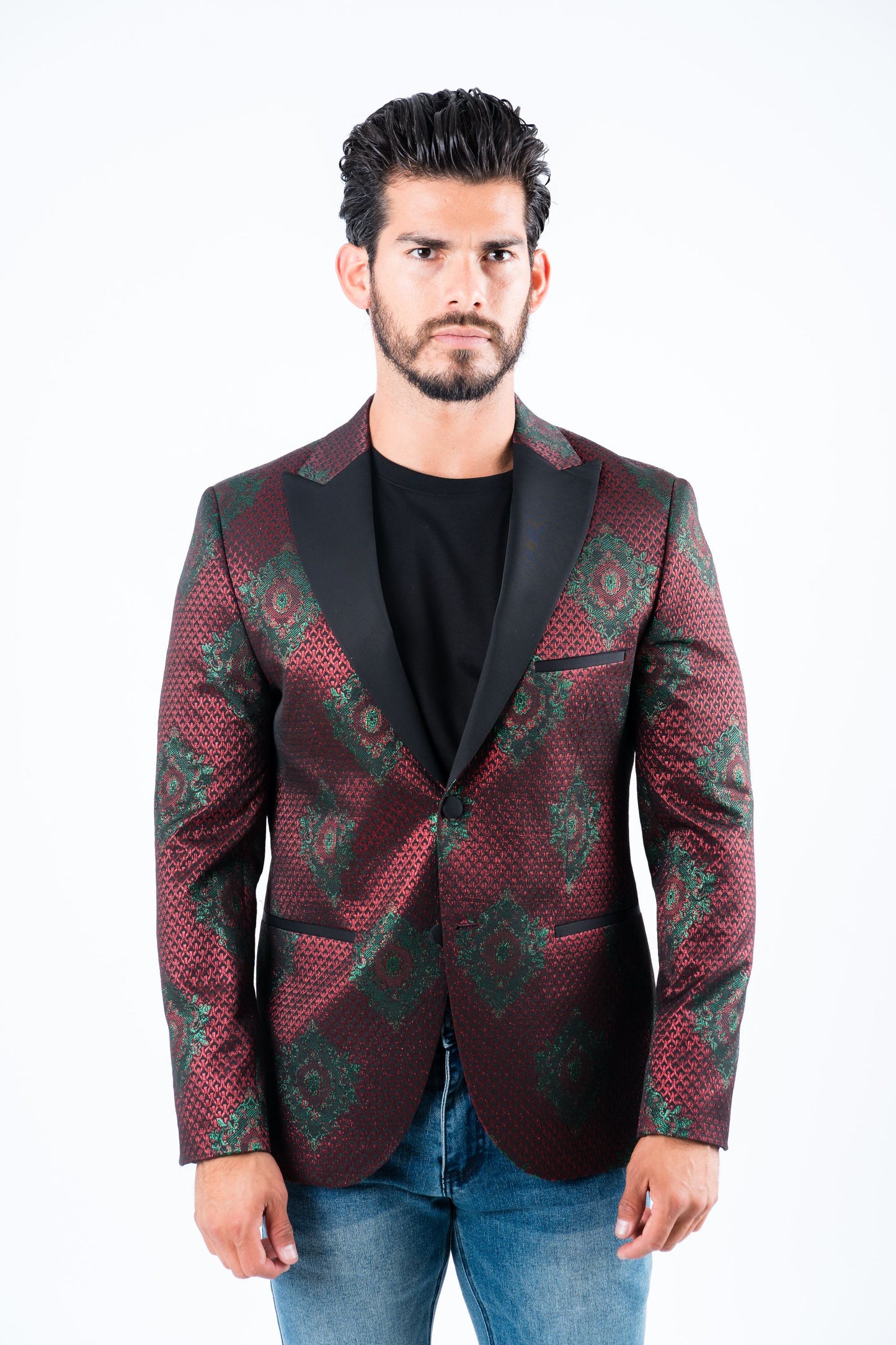 burgundy woven print blazer men platini front