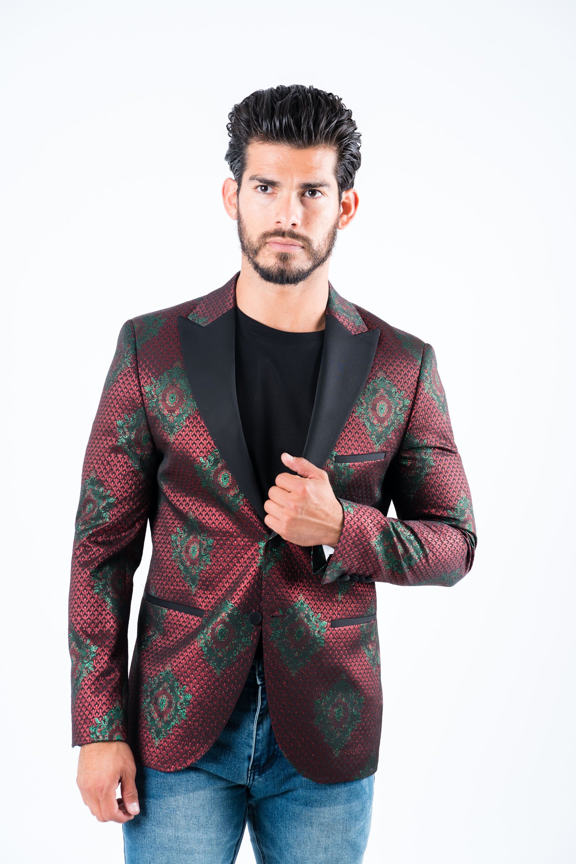 burgundy woven print blazer men platini front