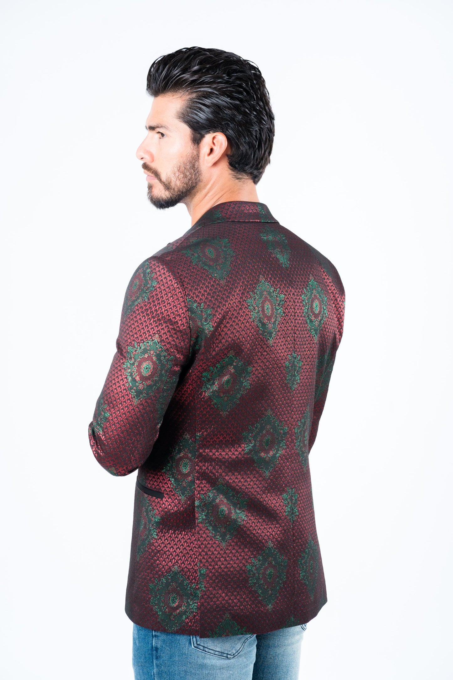 burgundy woven print blazer men platini back