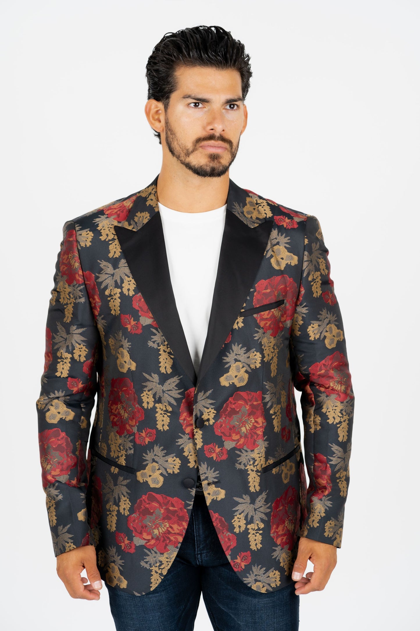 dark blue woven print blazer men platini front