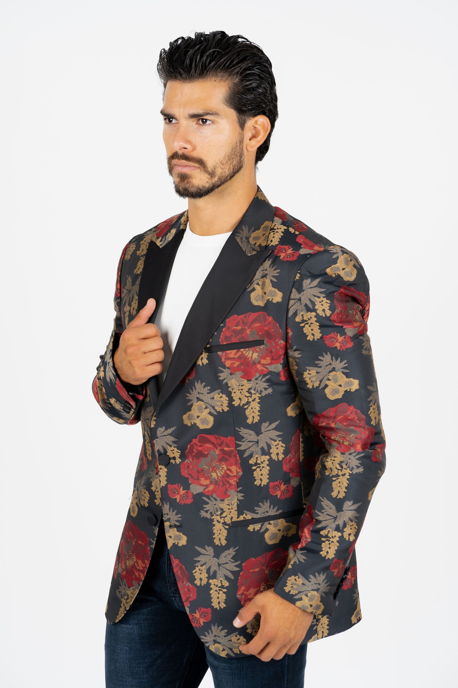 dark blue woven print blazer men platini side