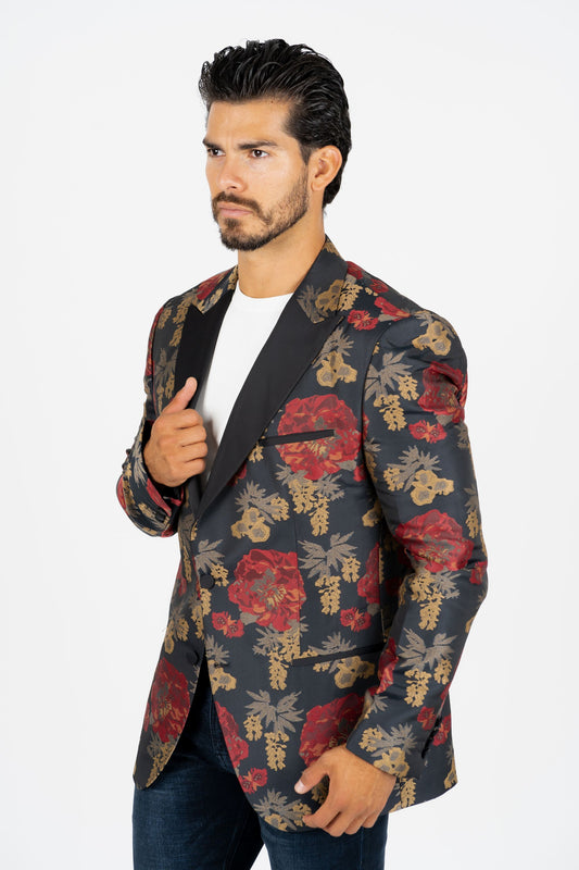 dark blue woven print blazer men platini side
