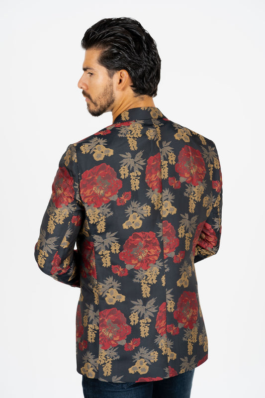 dark blue woven print blazer men platini back