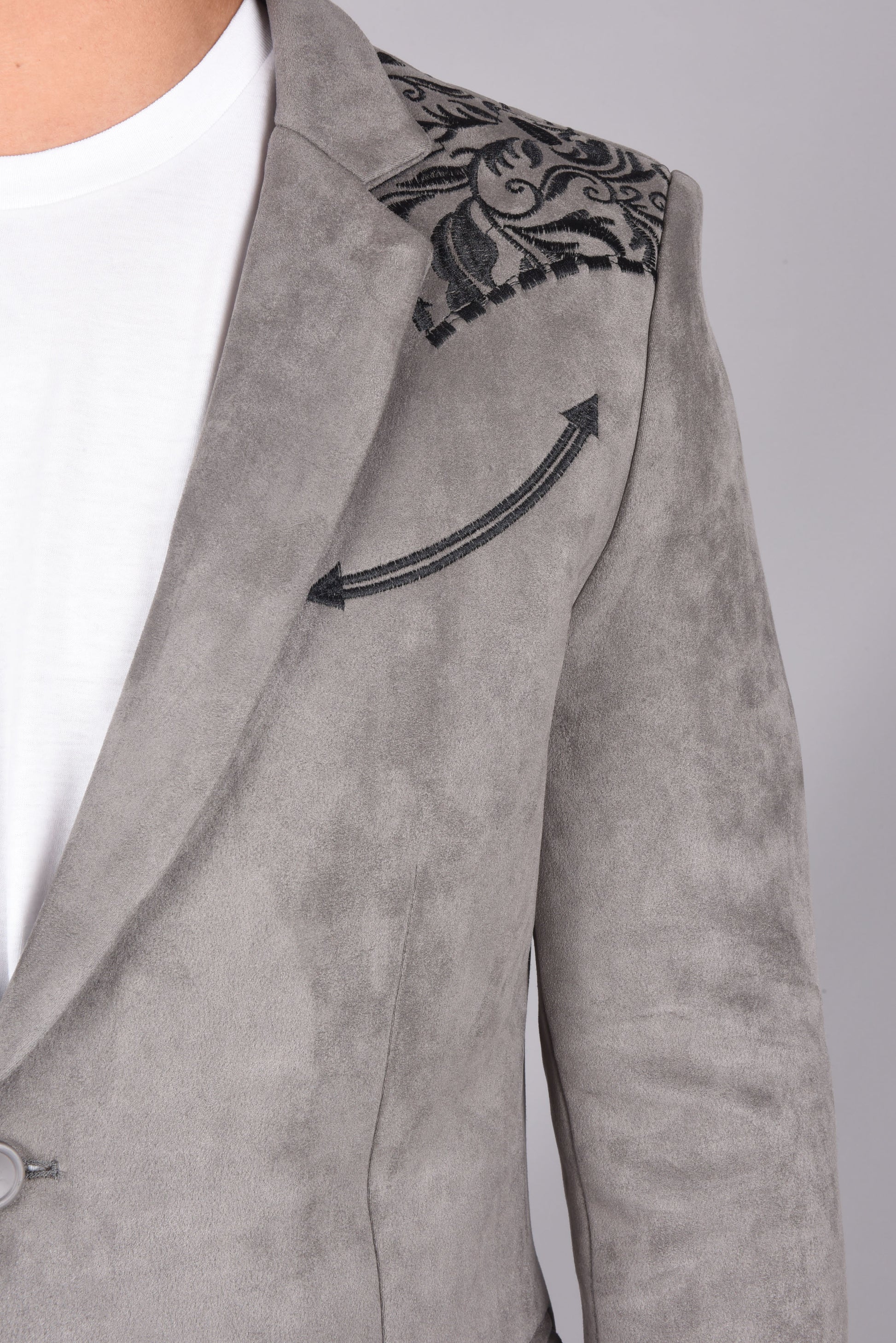 embroidered gray suede blazer platini detail