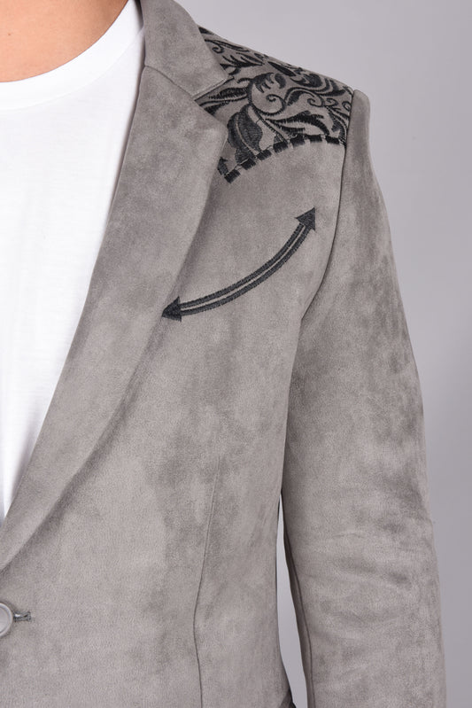 embroidered gray suede blazer platini detail
