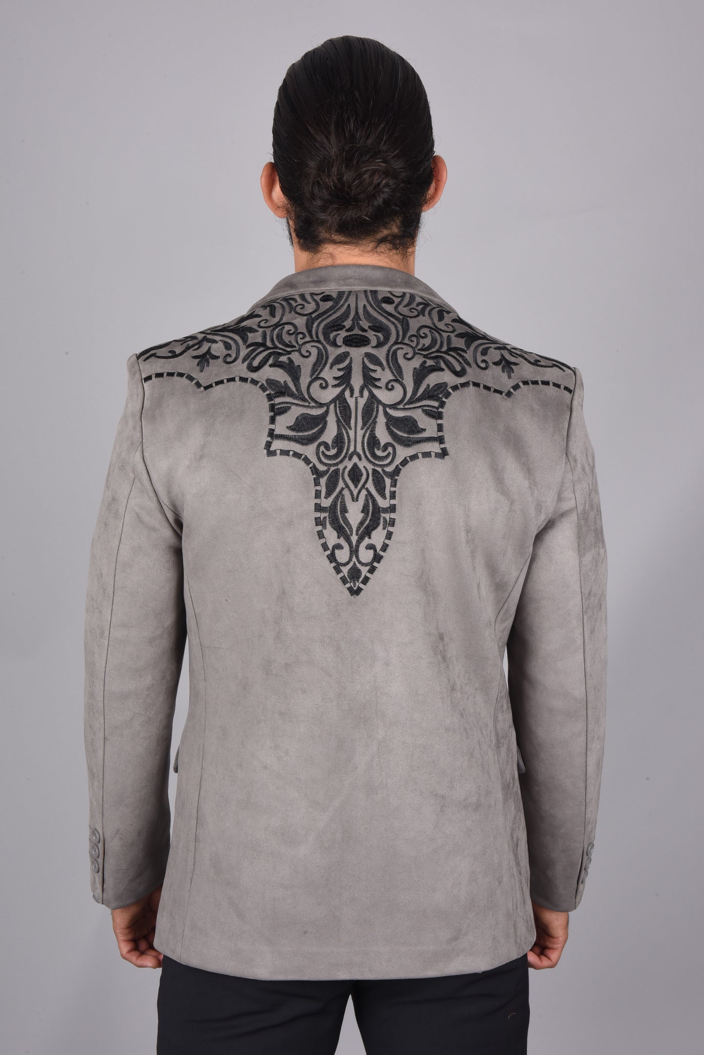 embroidered suede gray blazer platini back