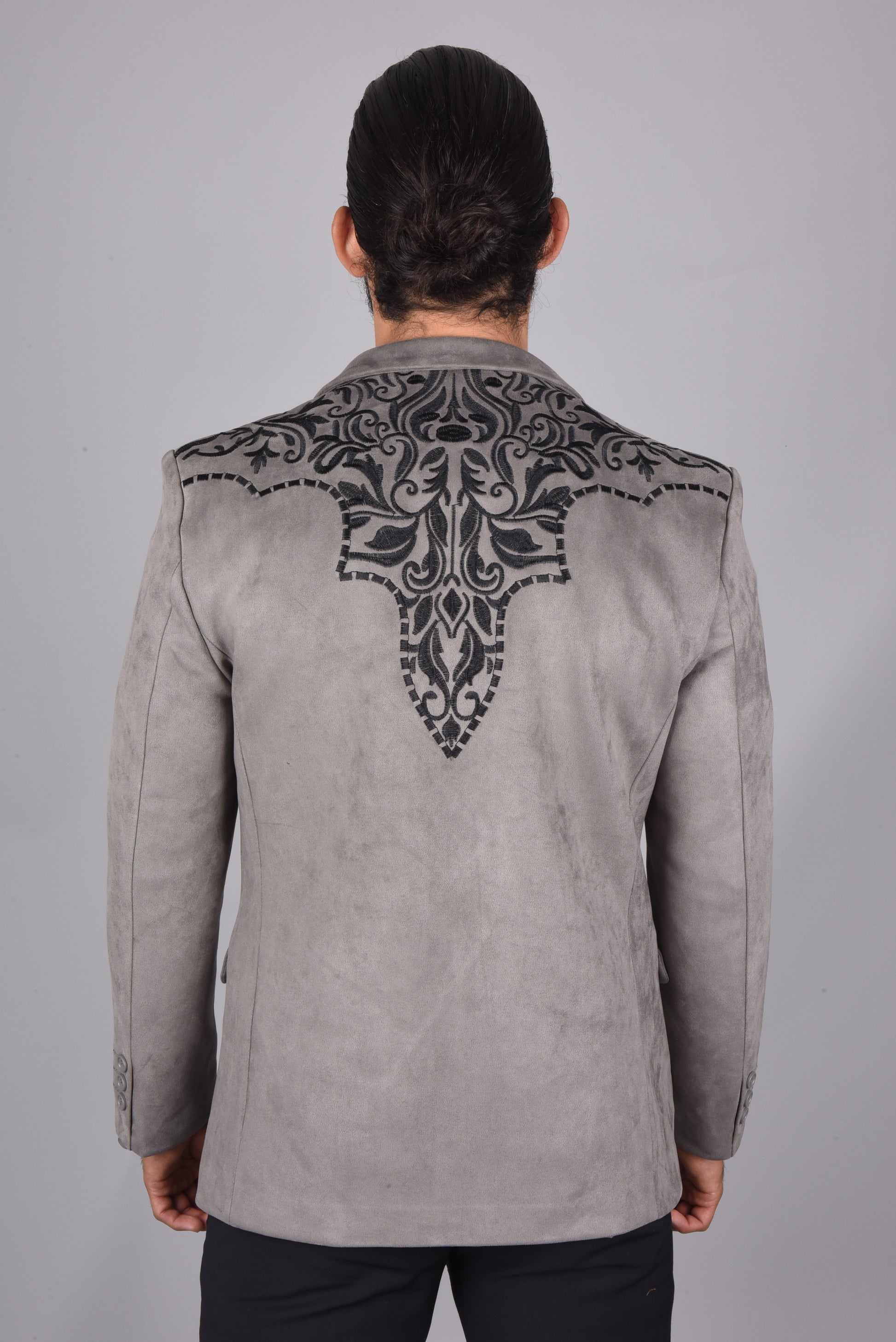 embroidered suede gray blazer platini back