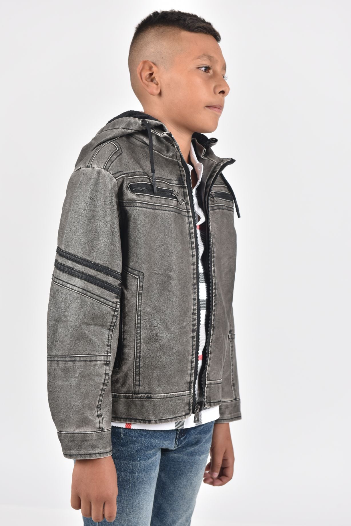 Hooded Biker Jacket kids platini side
