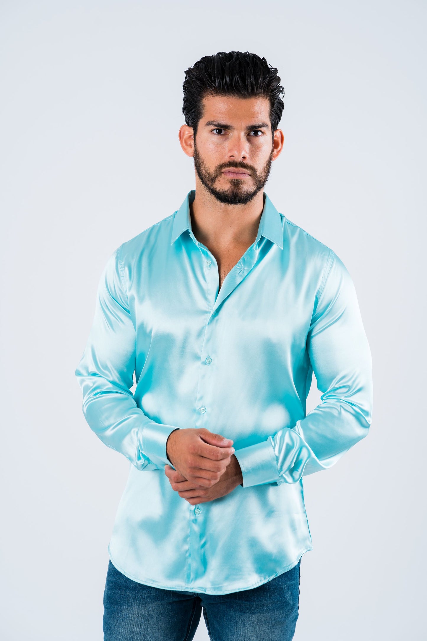 aqua satin long sleeve dress shirt platini