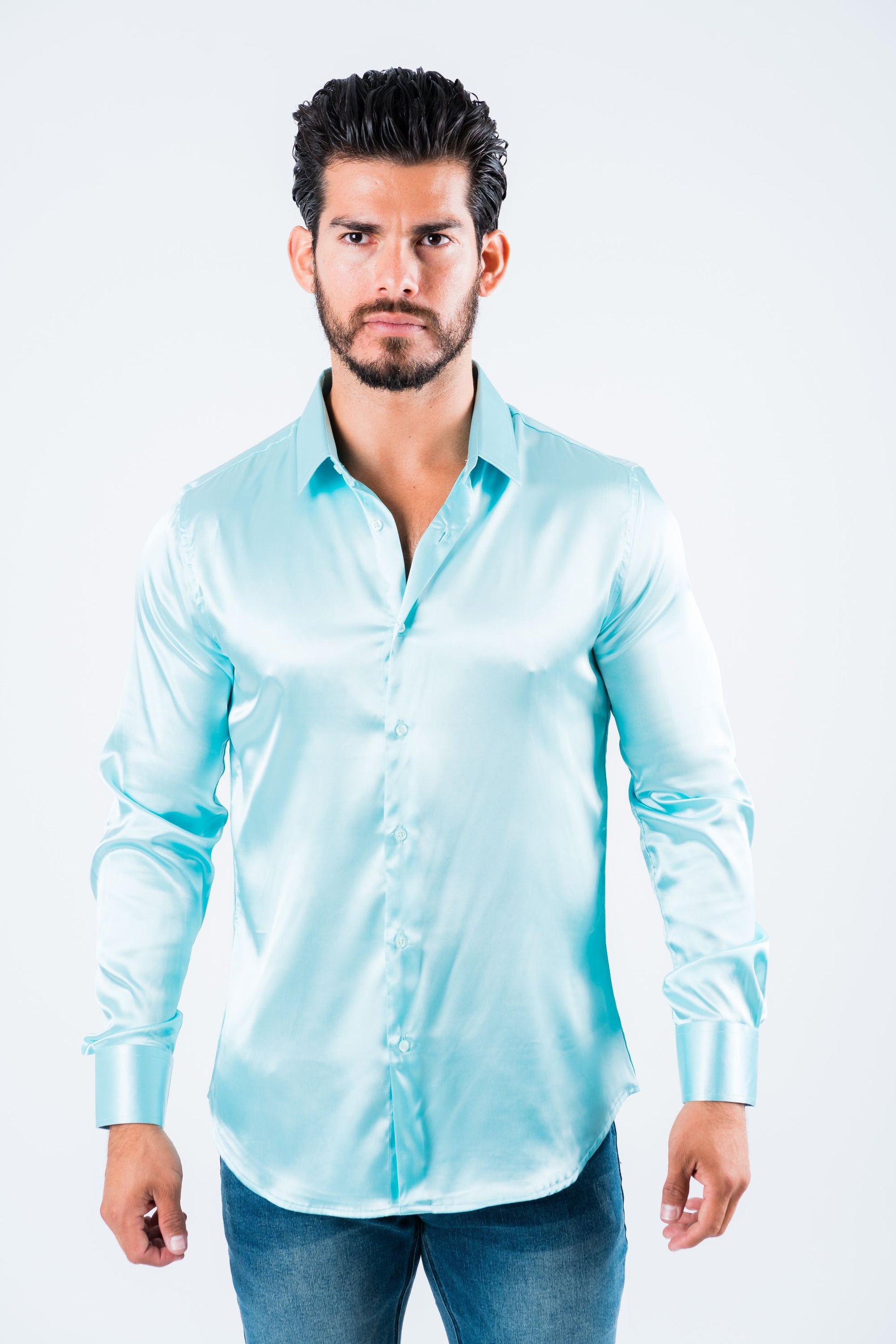 aqua satin long sleeve dress shirt platini