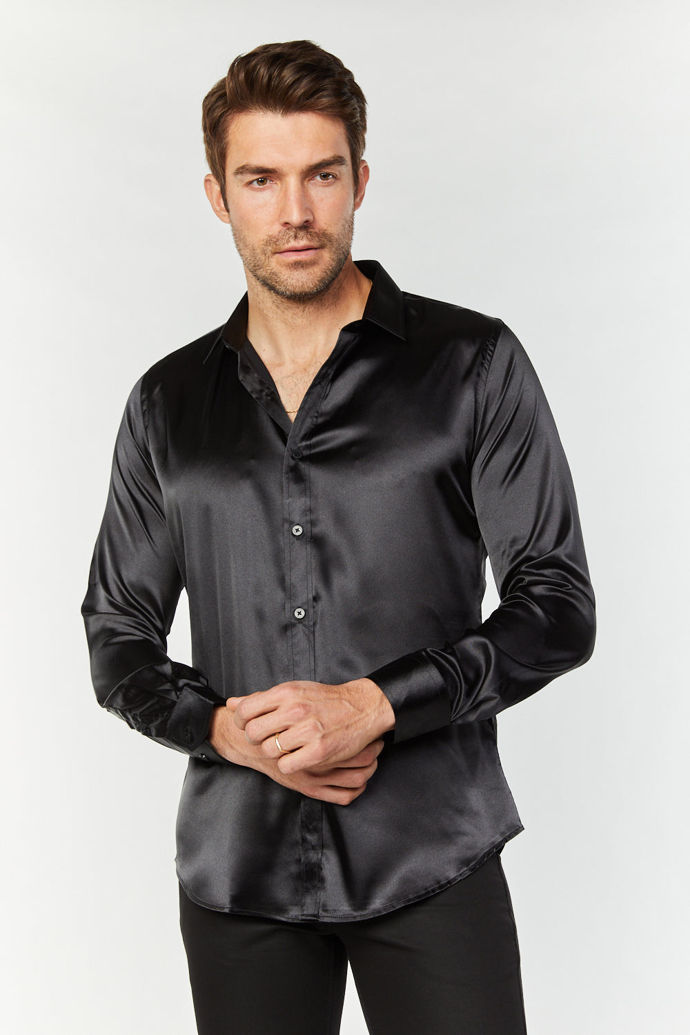 Men's Black Satin Dress Shirt | Platini Fashion 3XL / Black Men's Black Satin Dress Shirt | Platini Fashion 3XL / Black