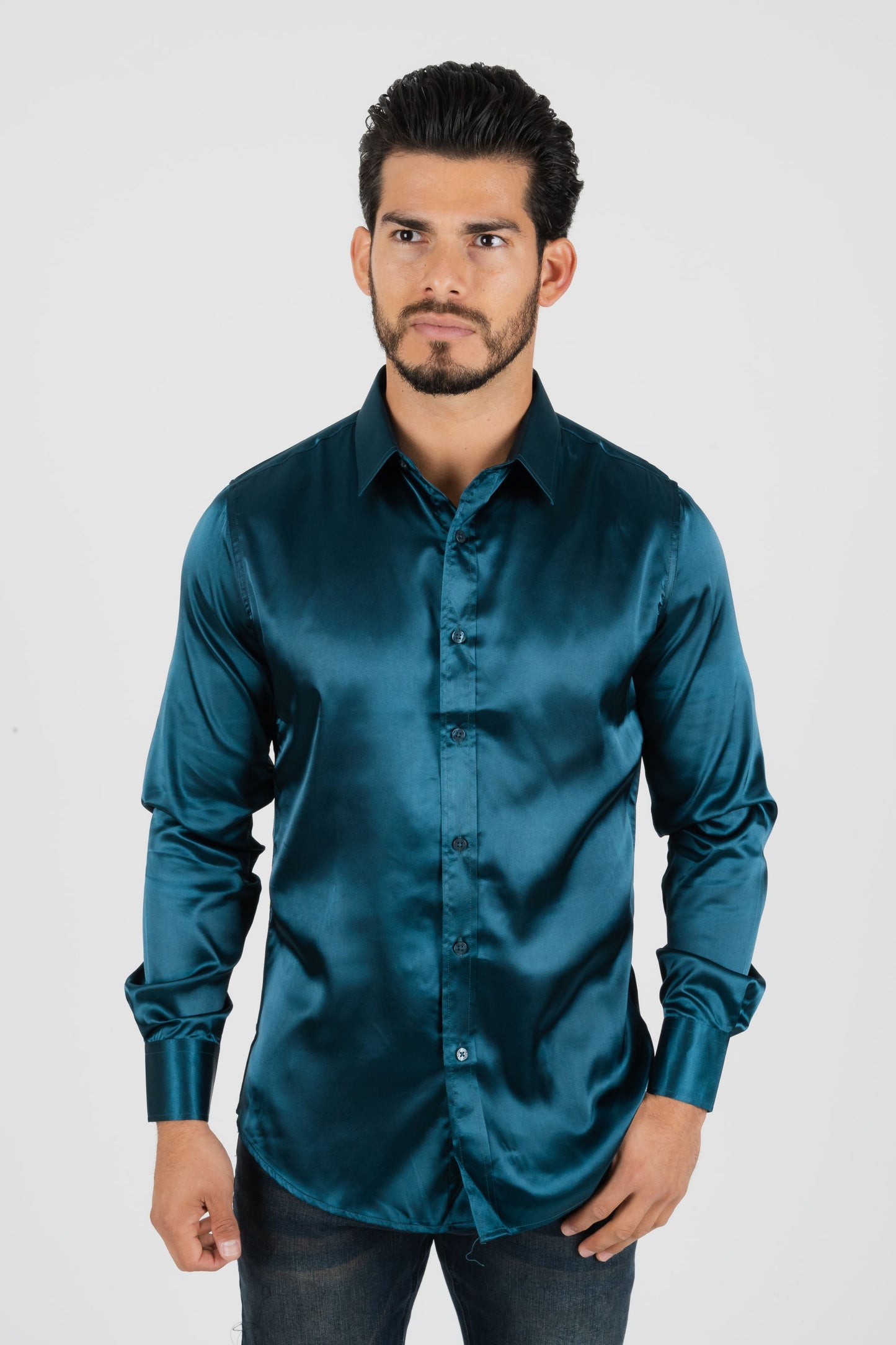 teal satin long sleeve dress shirt platini