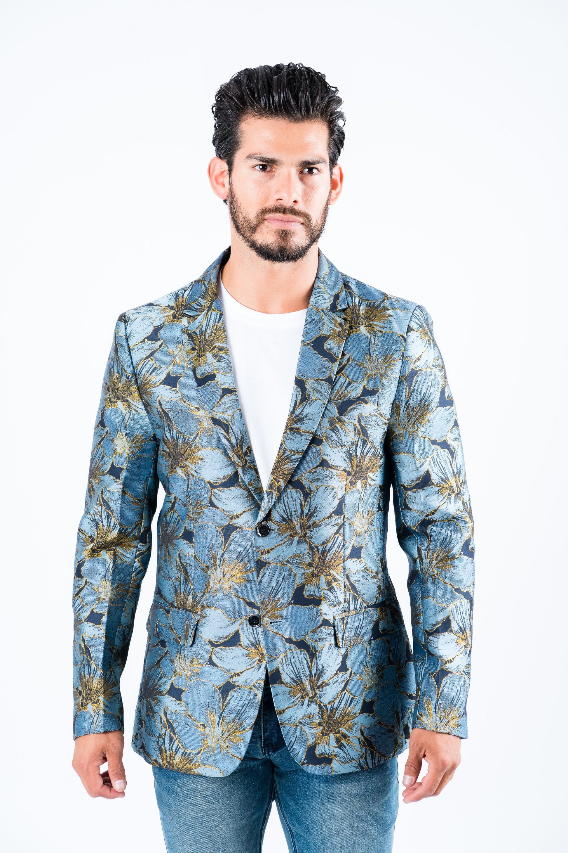 blue double button floral print blazer men platini front