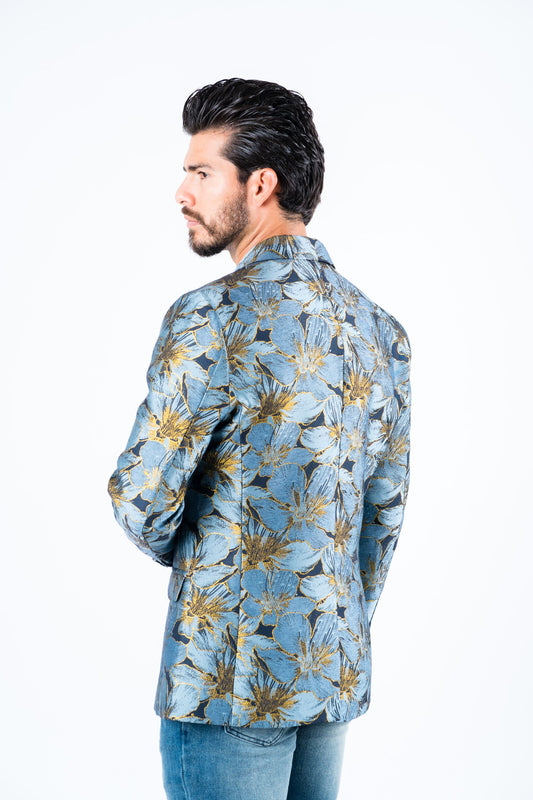 blue double button floral print blazer men platini back