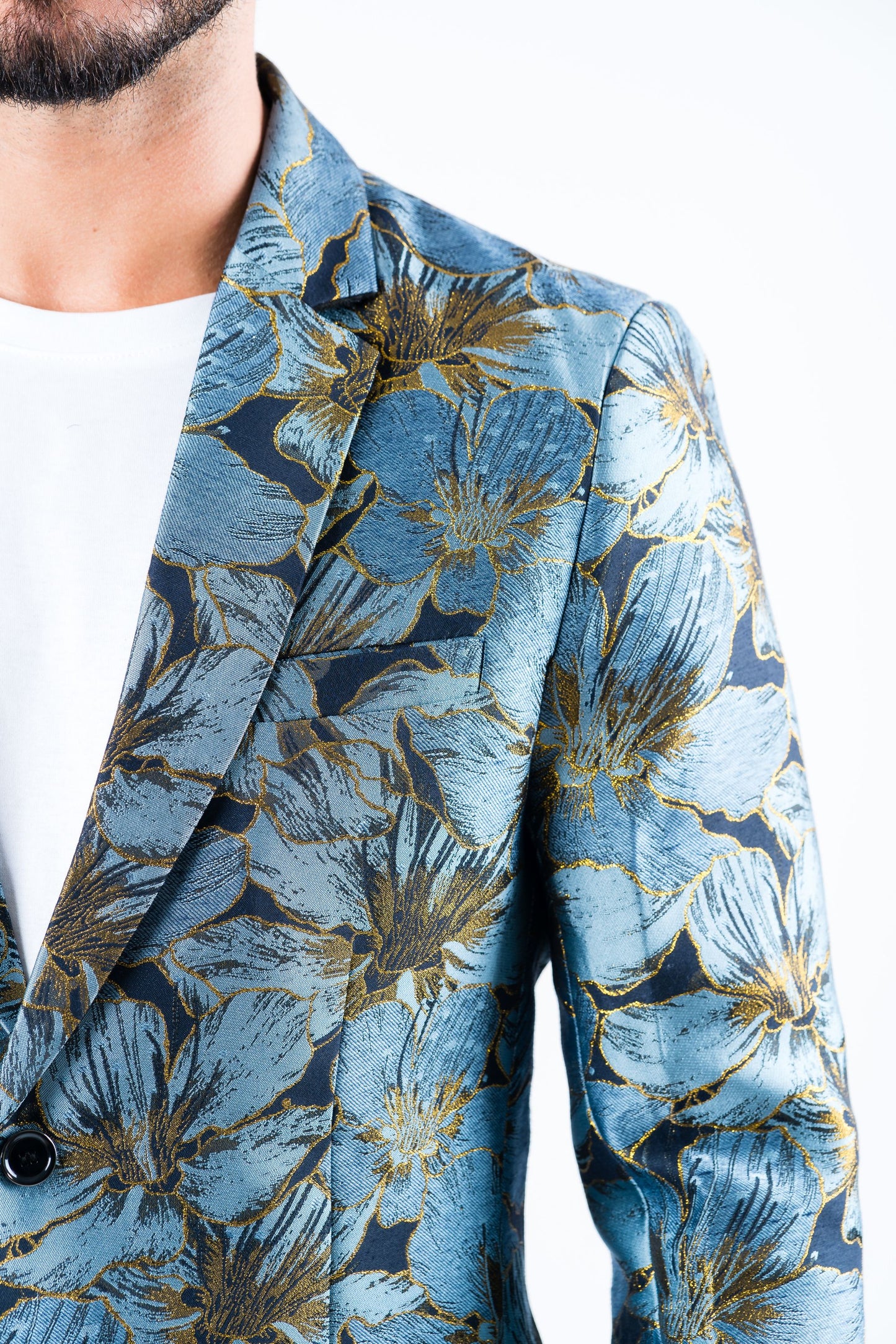 blue double button floral print blazer men platini detail