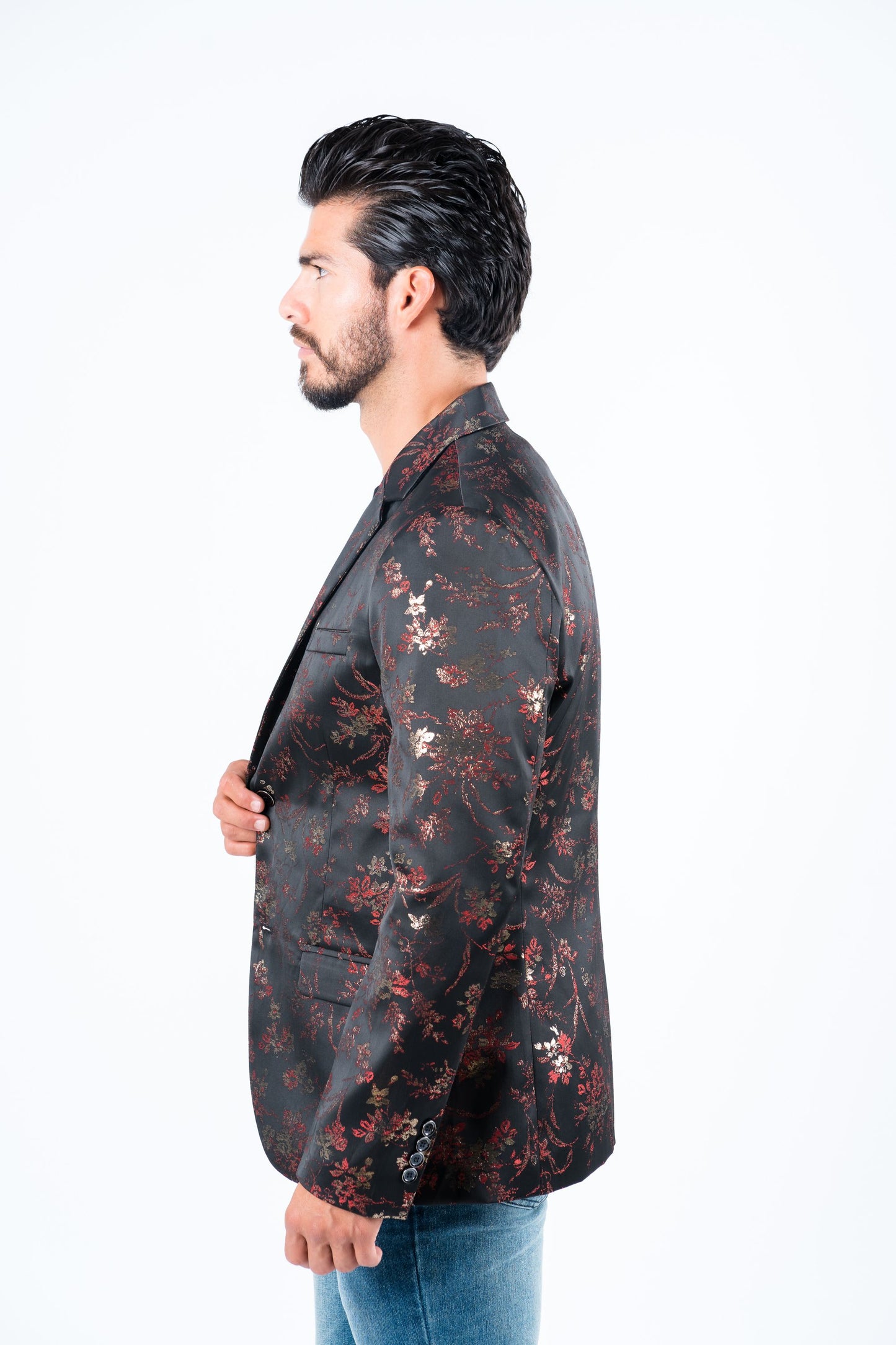 red double button floral print blazer men platini side detail