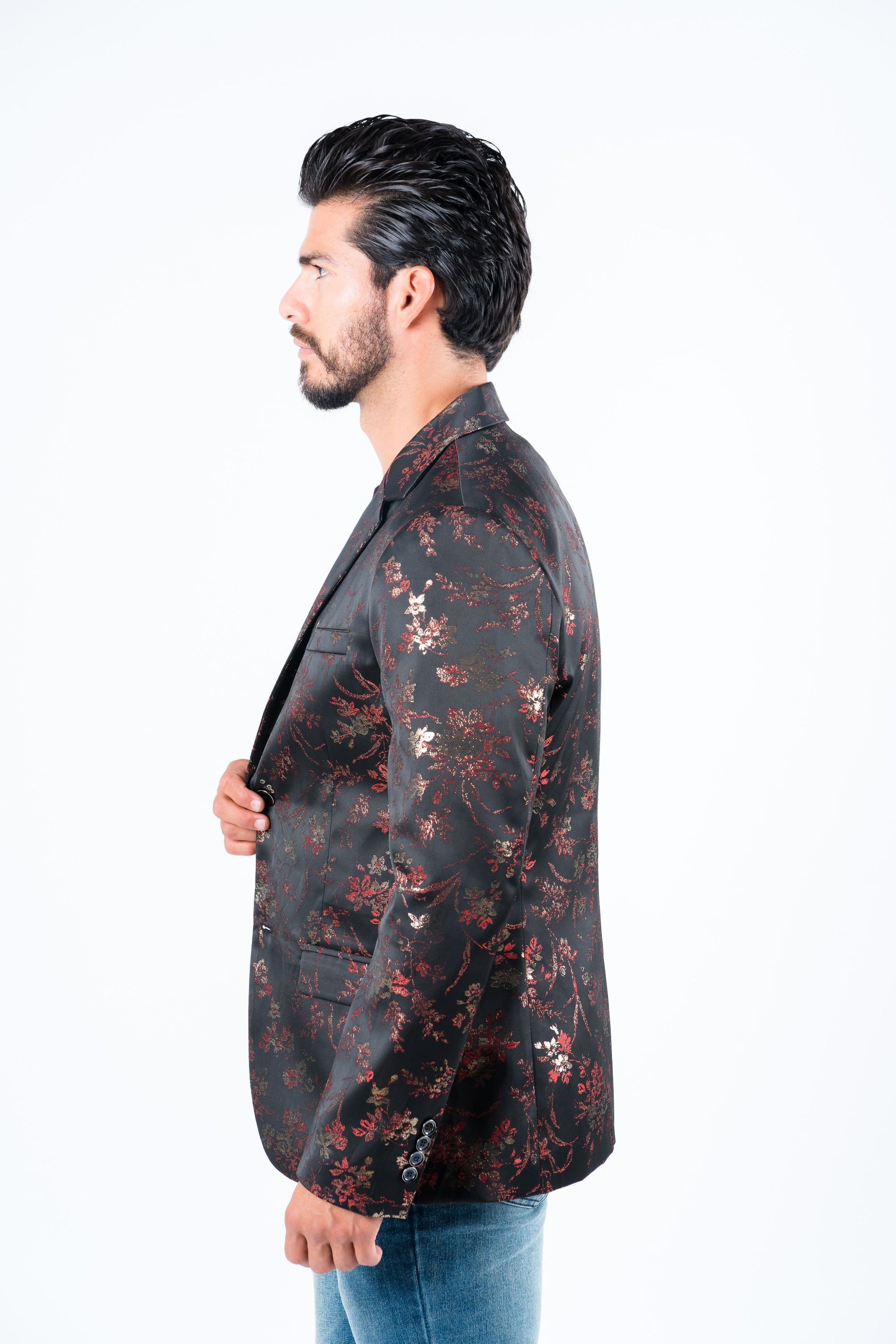 red double button floral print blazer men platini side detail