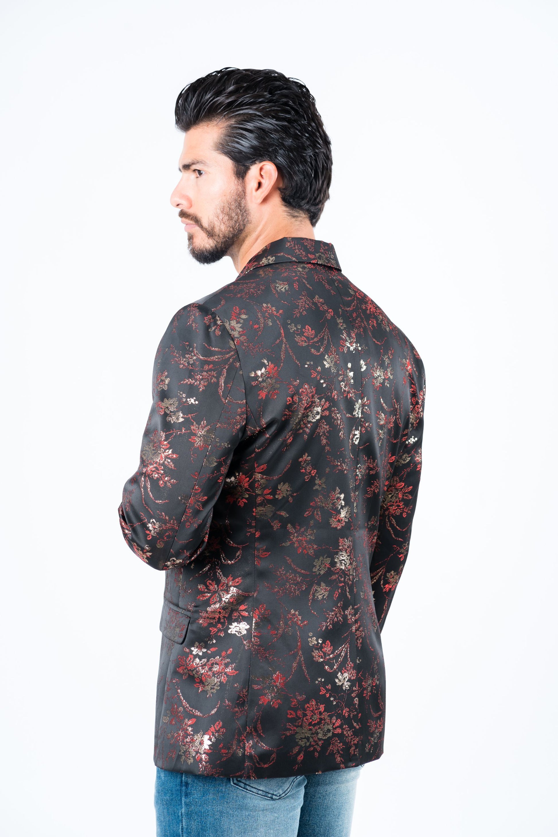 red double button floral print blazer men platini back