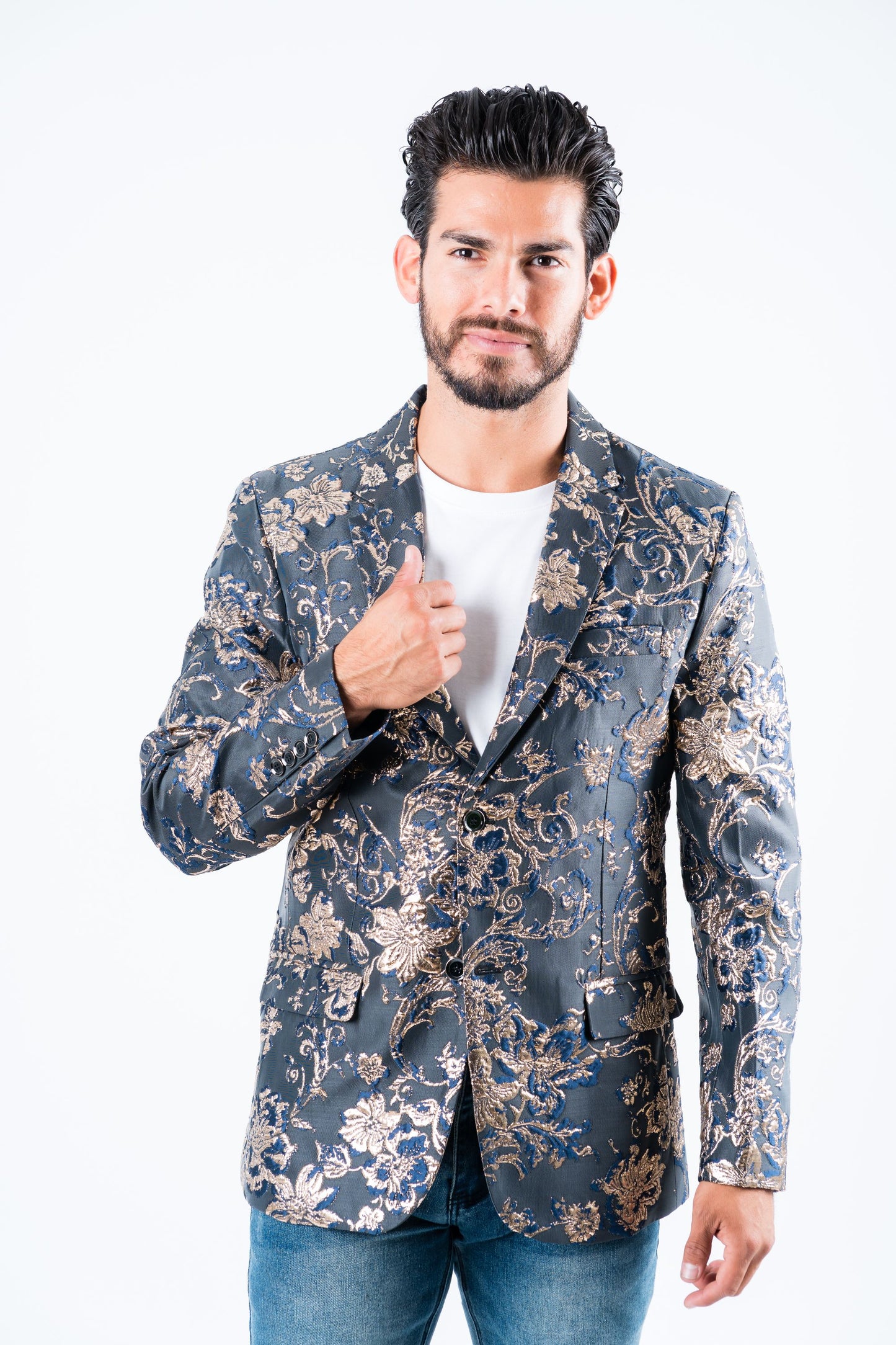 navy double button floral print blazer men platini front