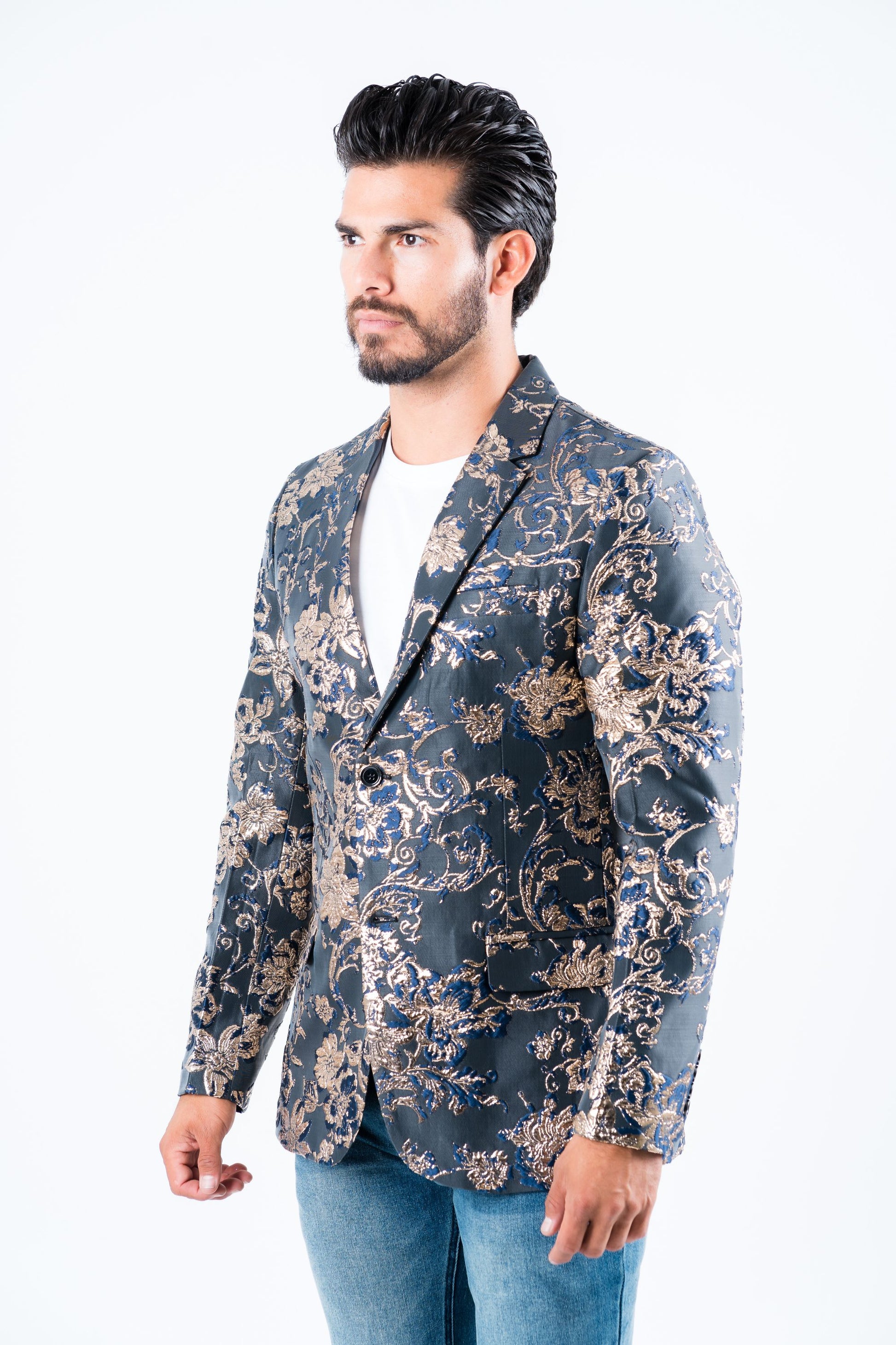 navy double button floral print blazer men platini detail