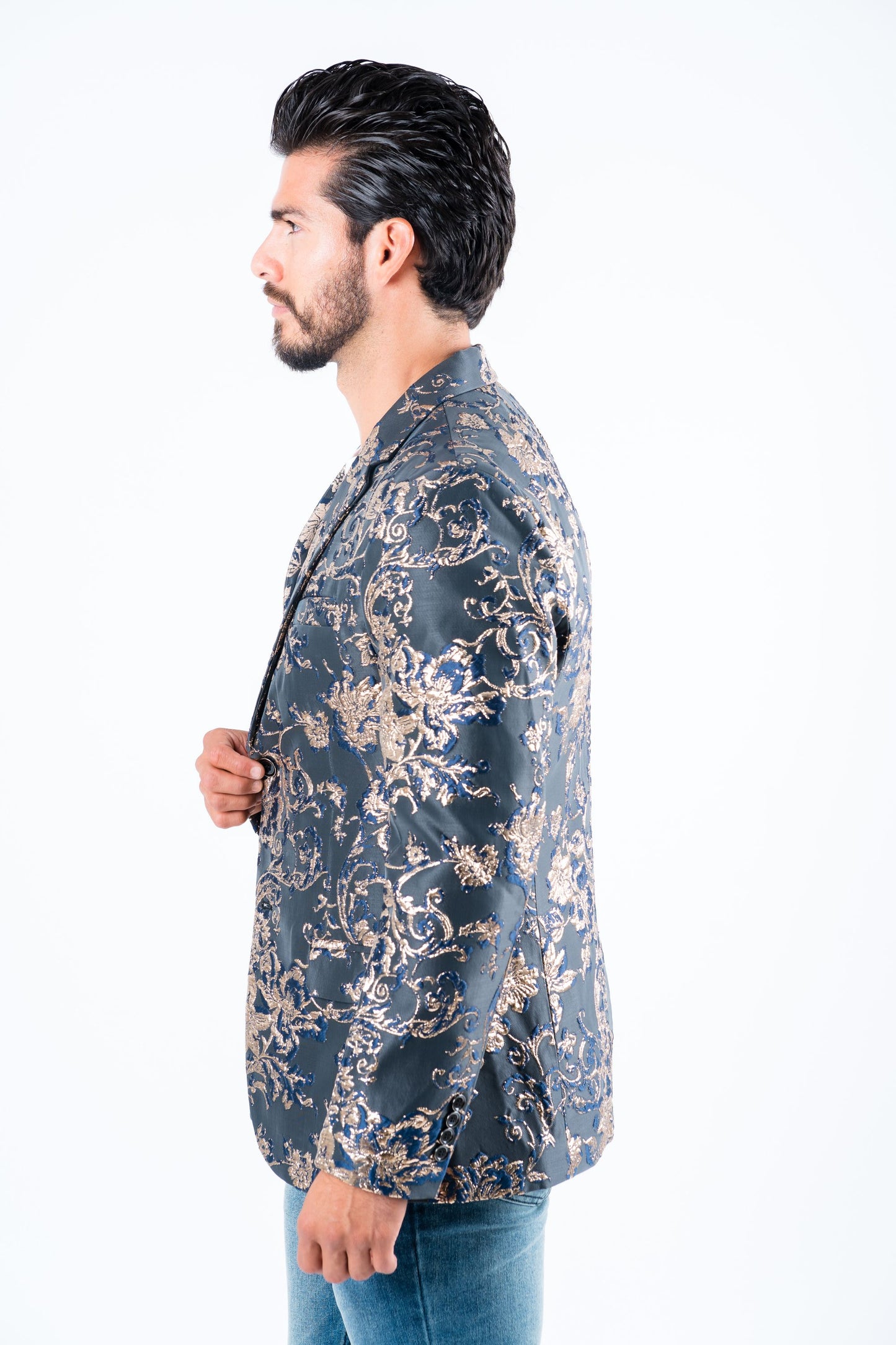 navy double button floral print blazer men platini side detail