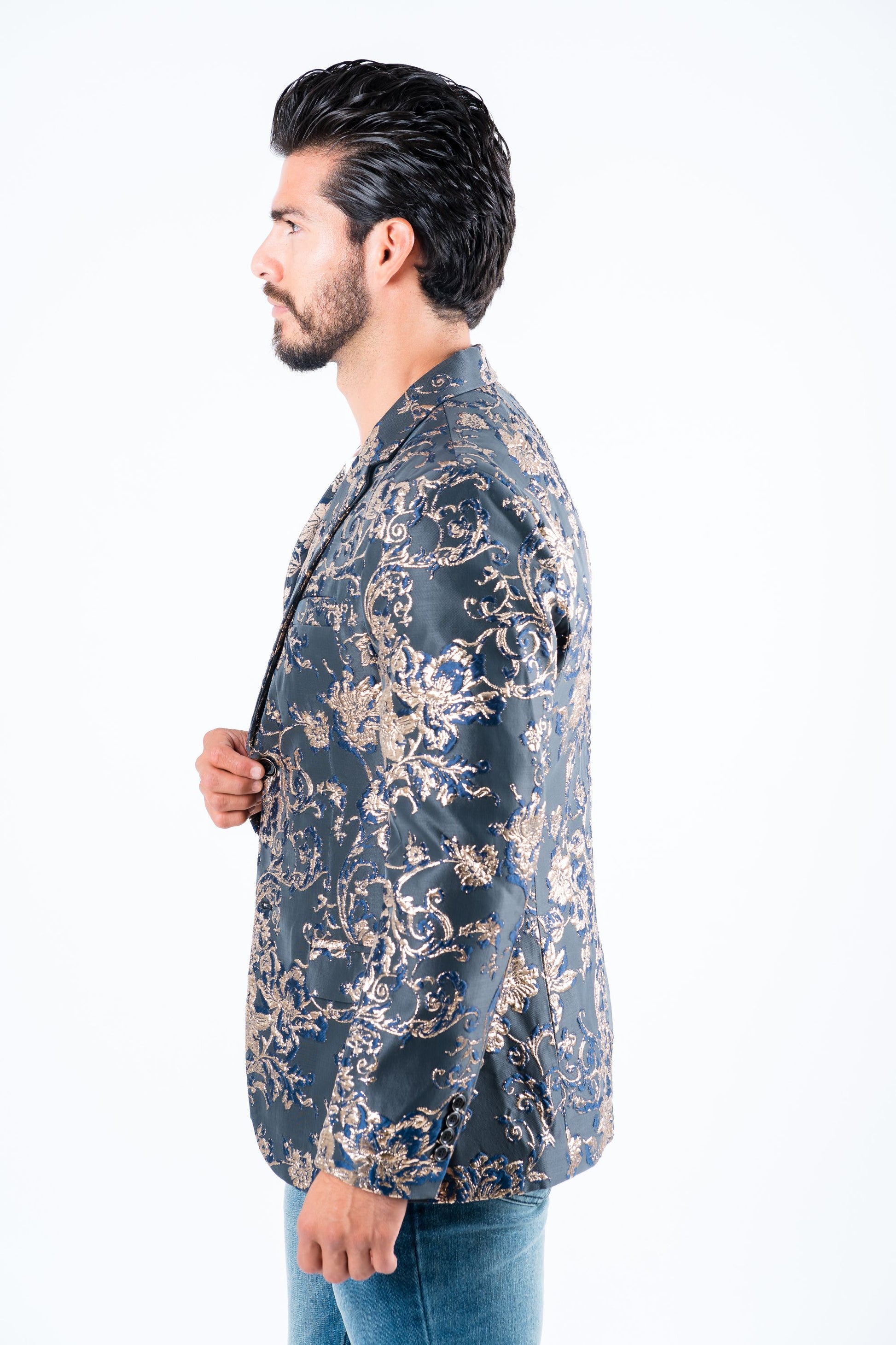 navy double button floral print blazer men platini side detail