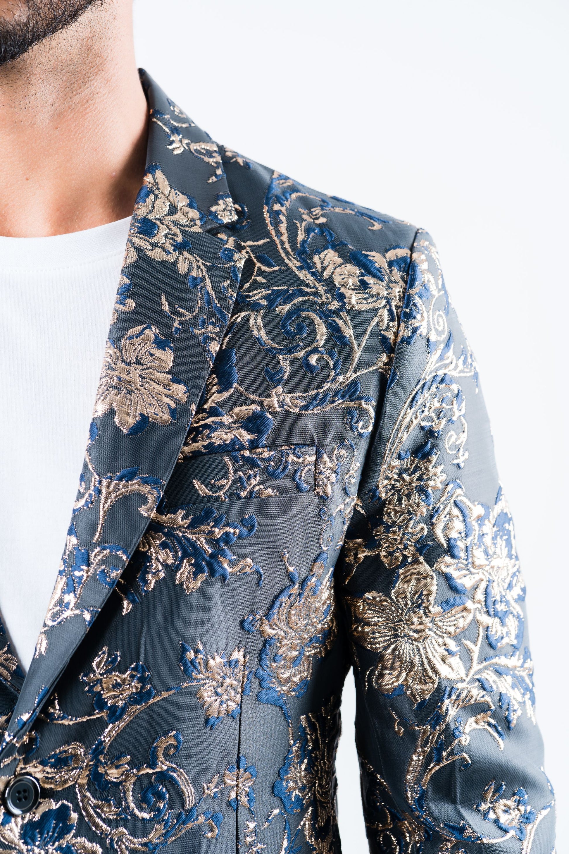 navy double button floral print blazer men platini back