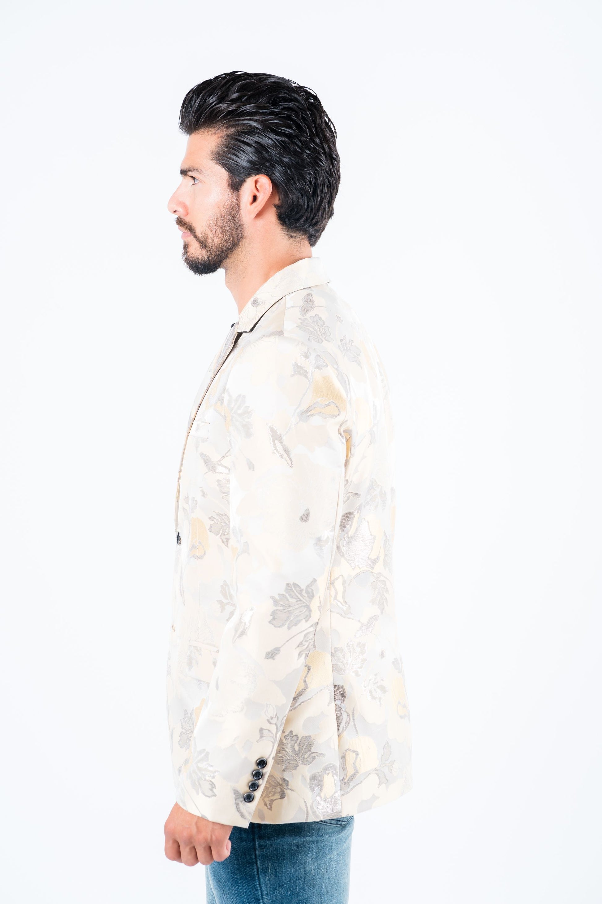 beige double button floral print blazer men platini side detail