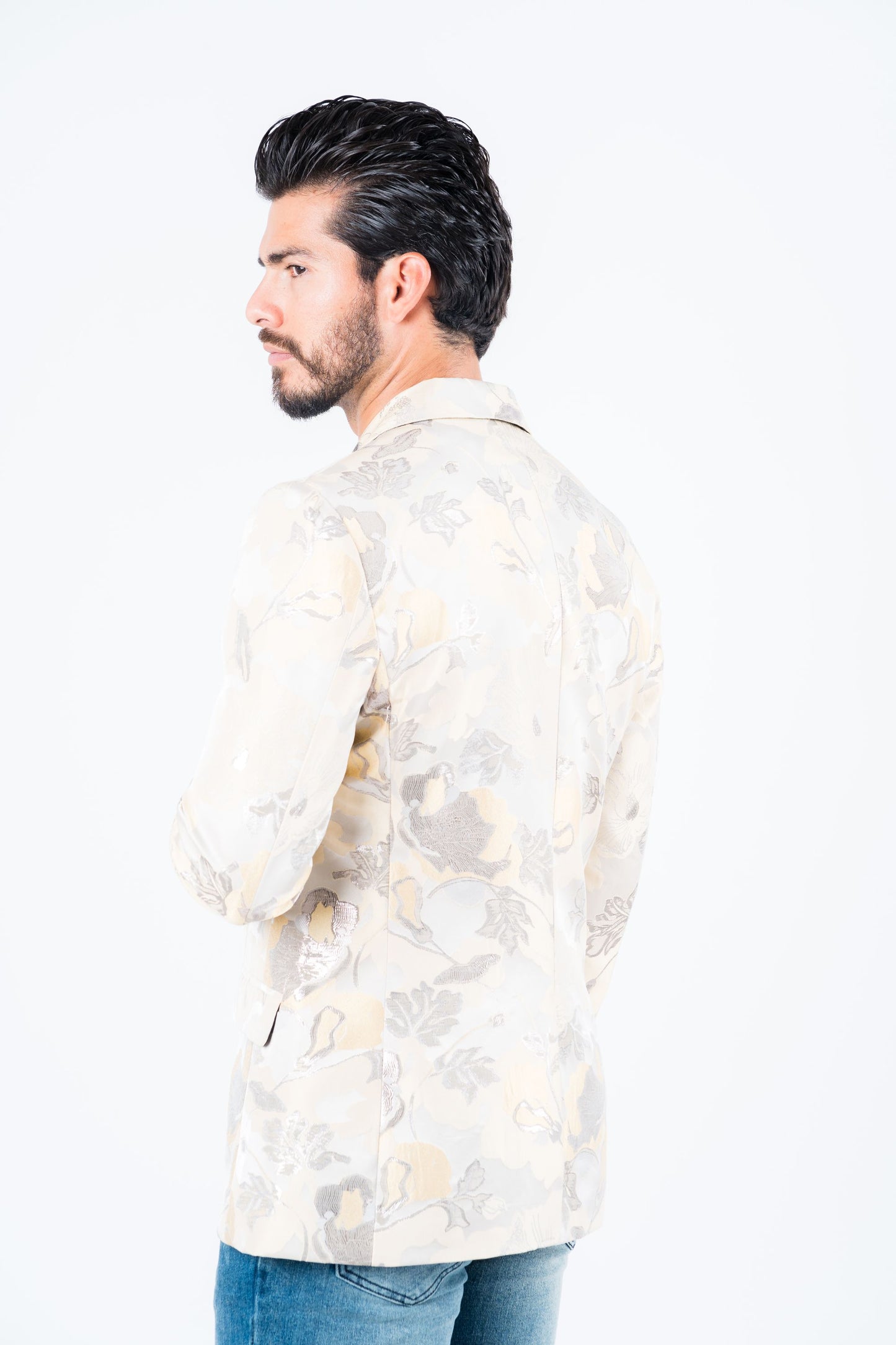 beige double button floral print blazer men platini back