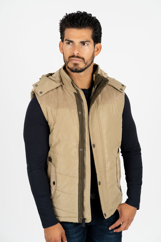 men khaki padded hooded vest platini front