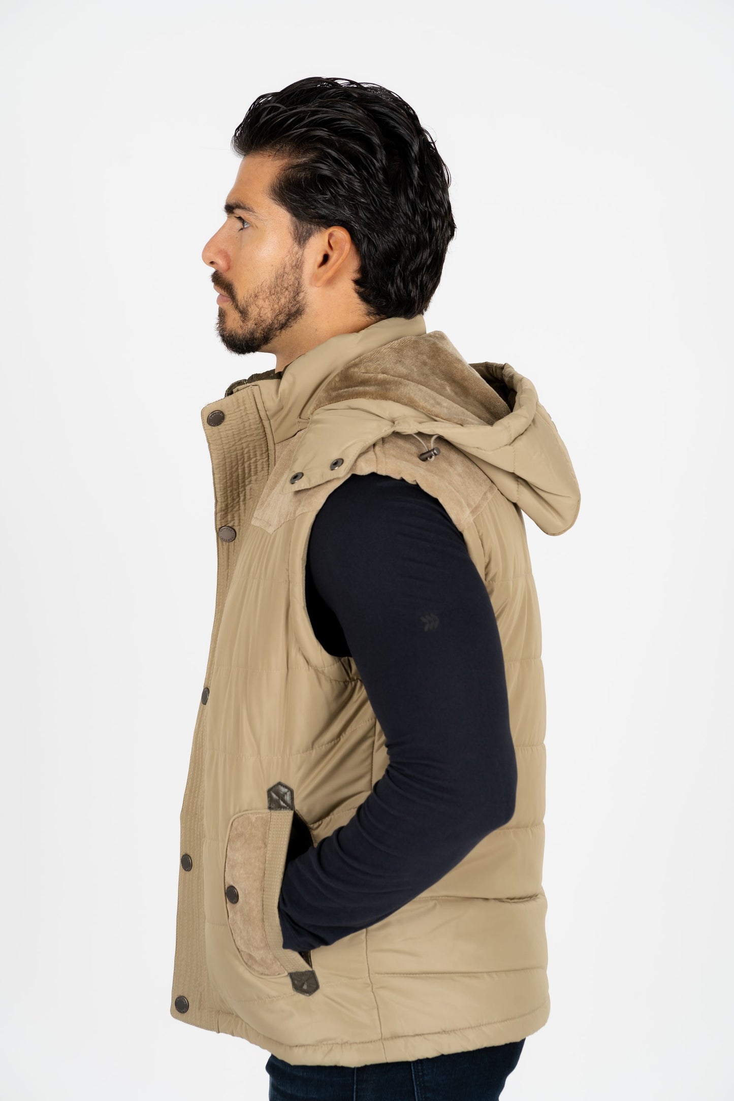 men khaki padded hooded vest platini side
