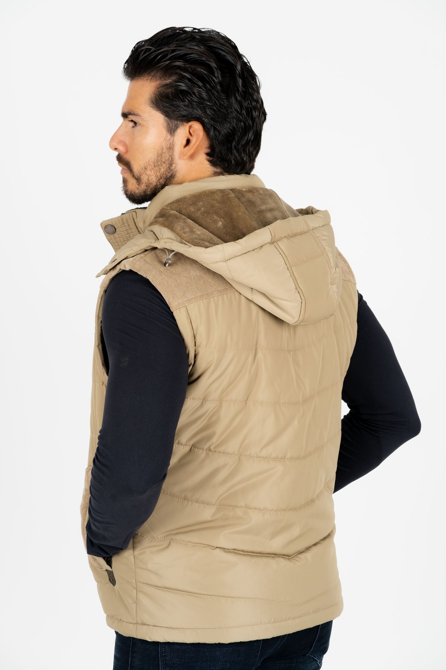 men khaki padded hooded vest platini back