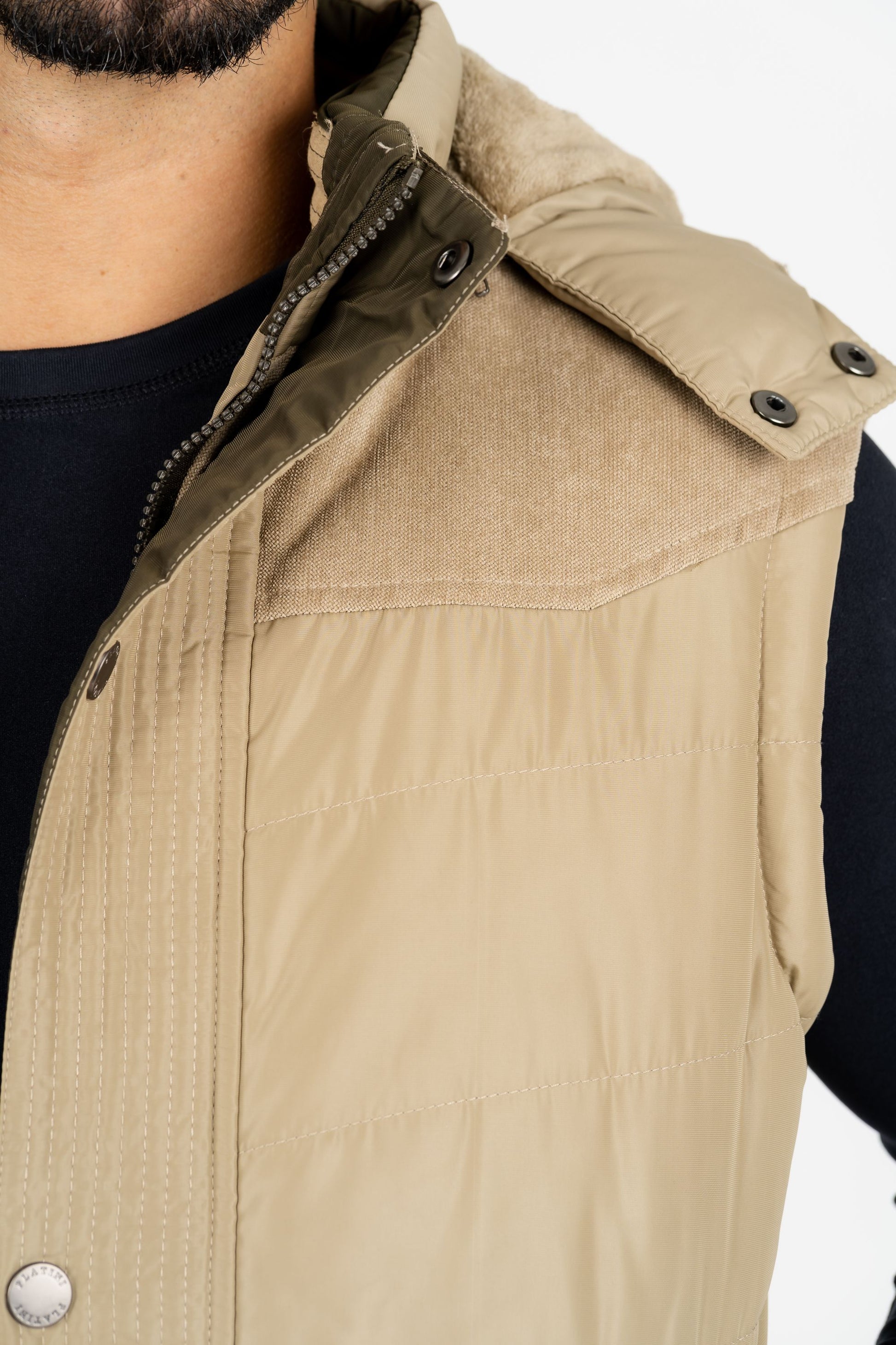 men khaki padded hooded vest platini close