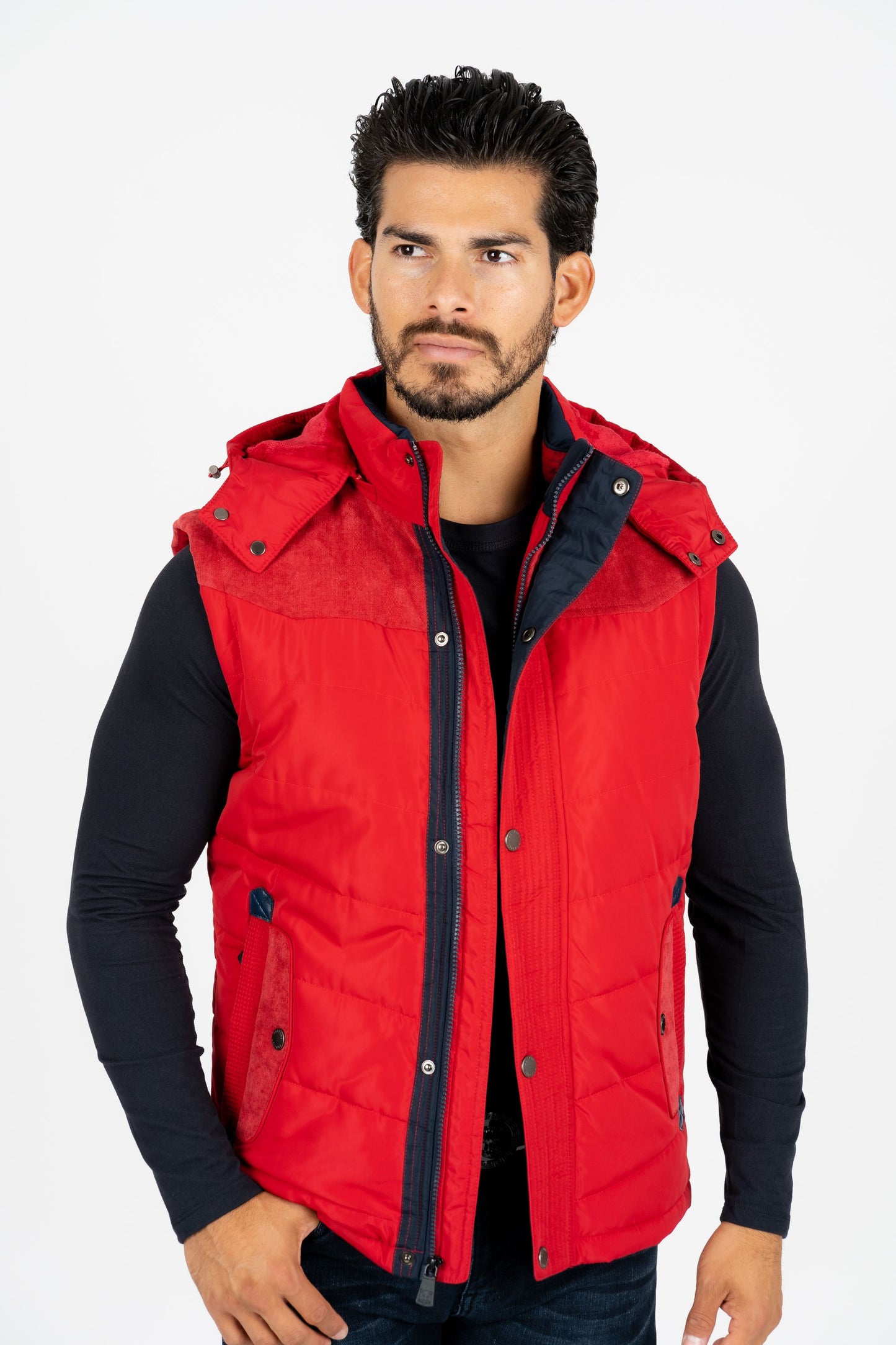 men red padded hooded vest platini front