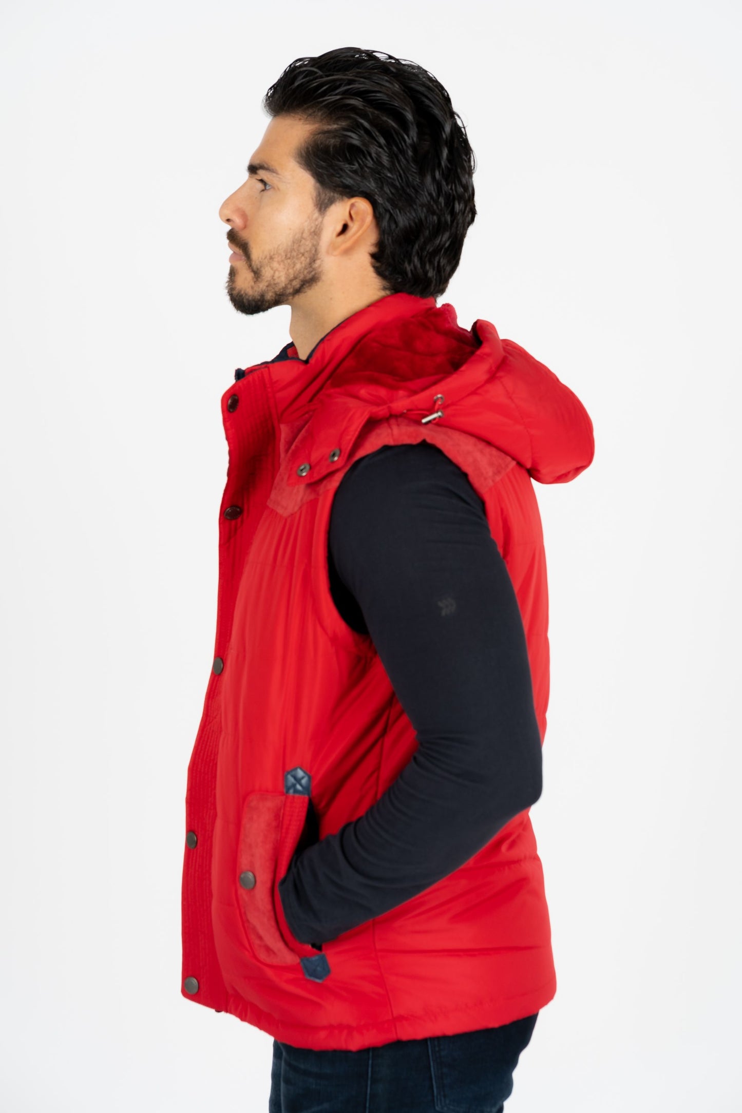 men red padded hooded vest platini side