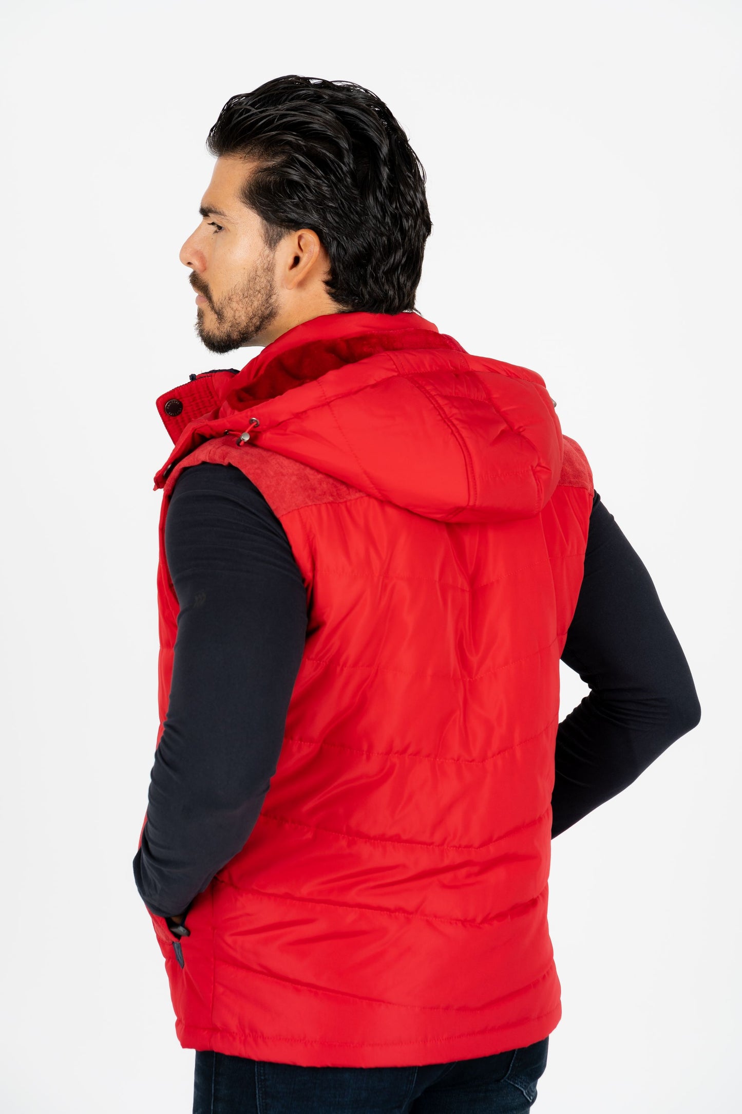 men red padded hooded vest platini back