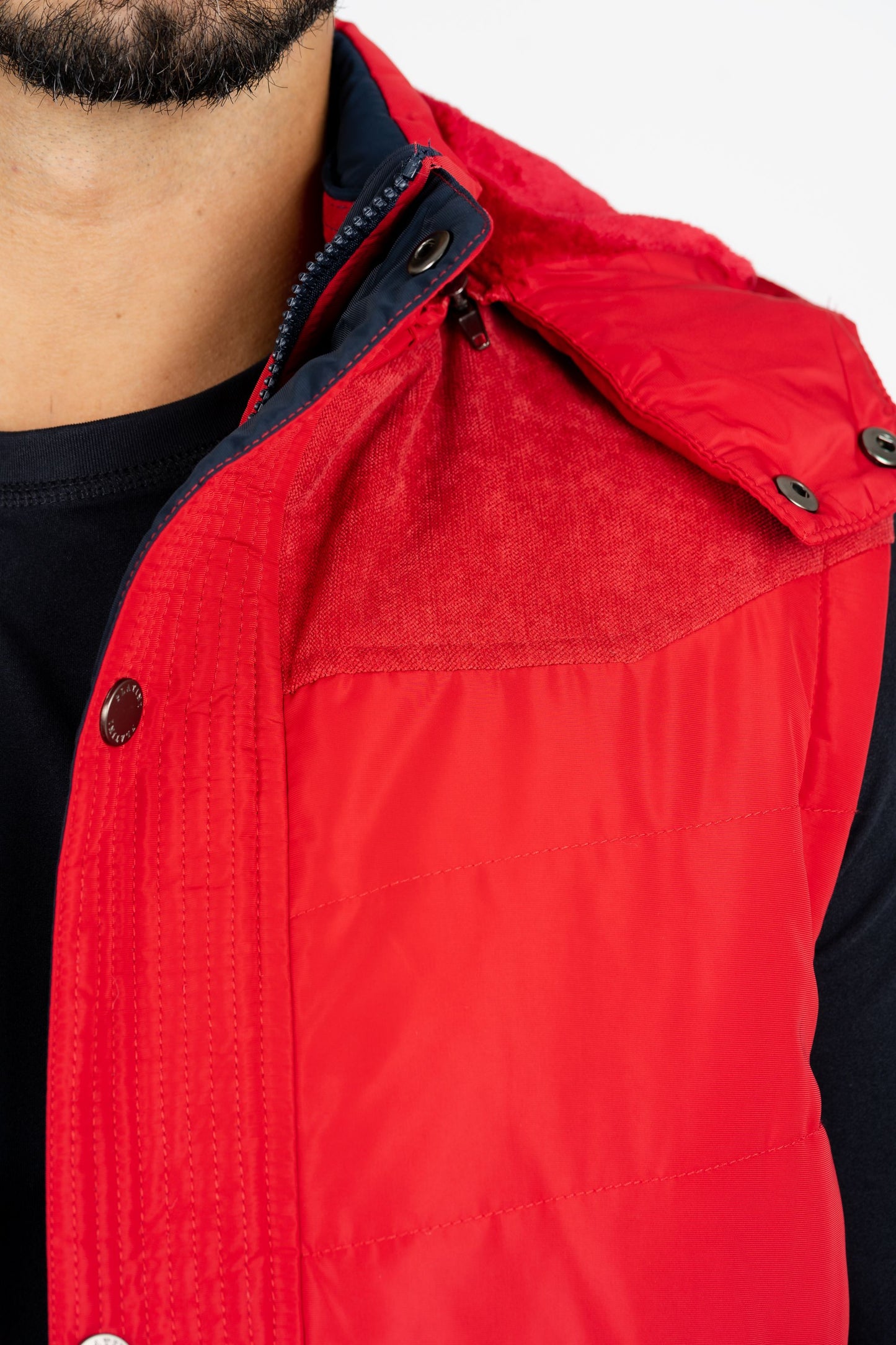 men red padded hooded vest platini close