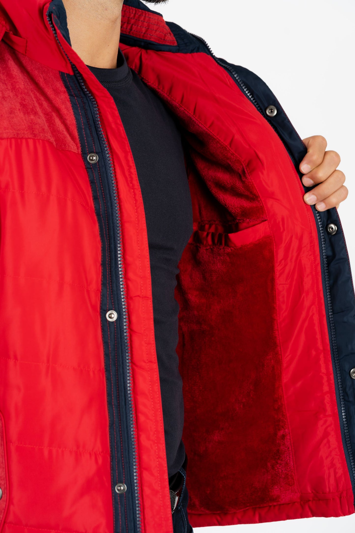 men red padded hooded vest platini detail