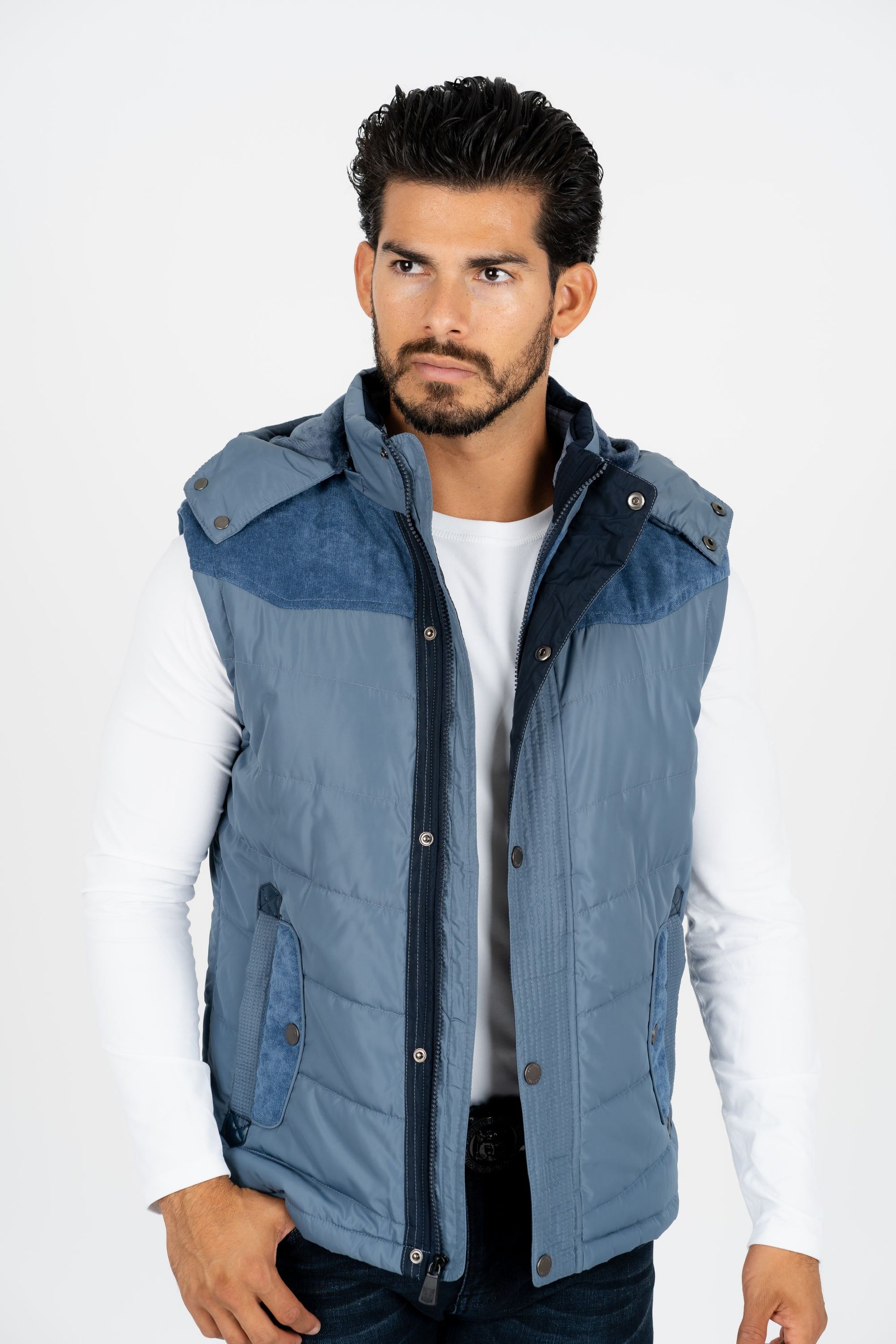 men blue padded hooded vest platini front