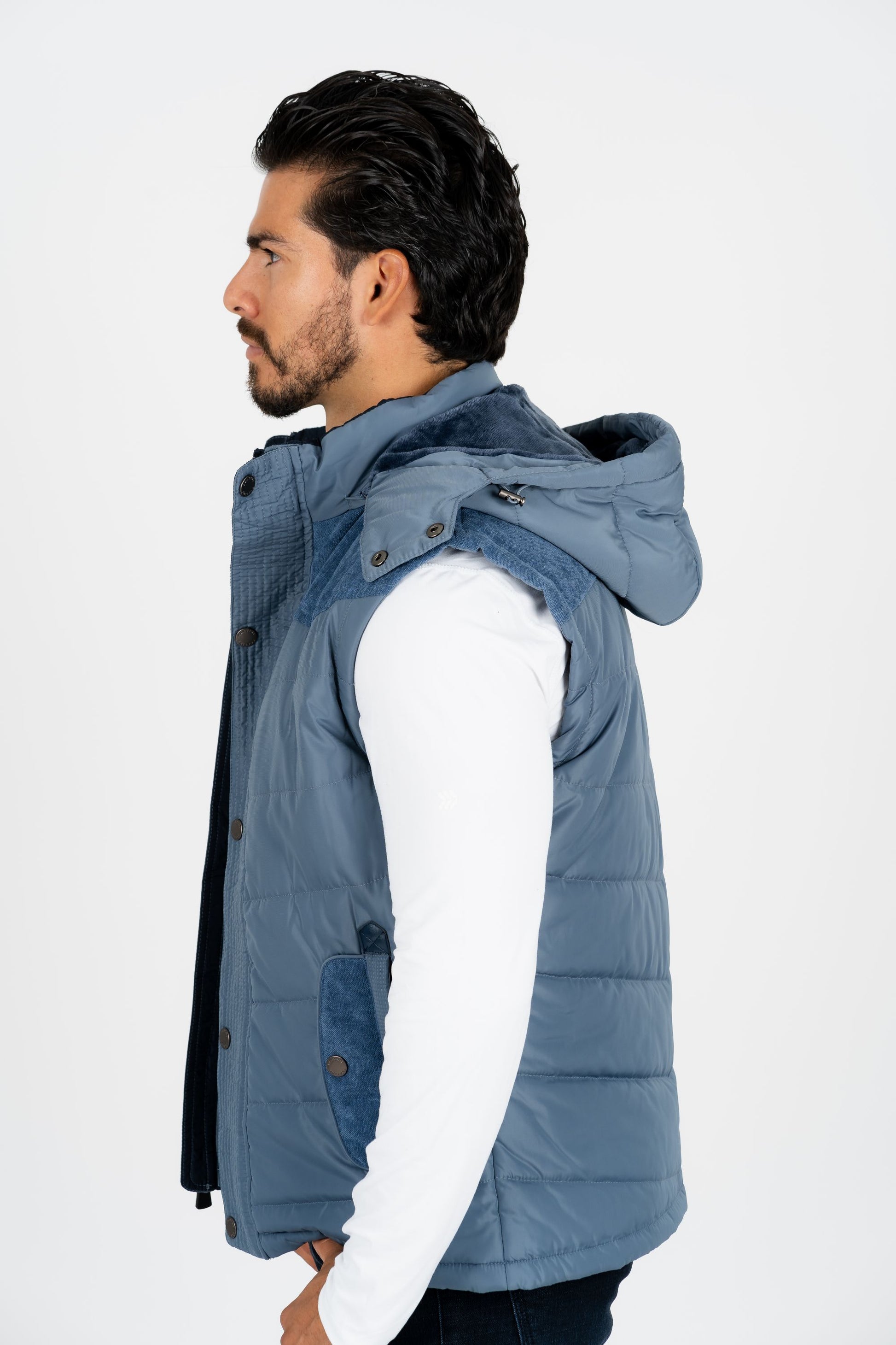 men blue padded hooded vest platini side