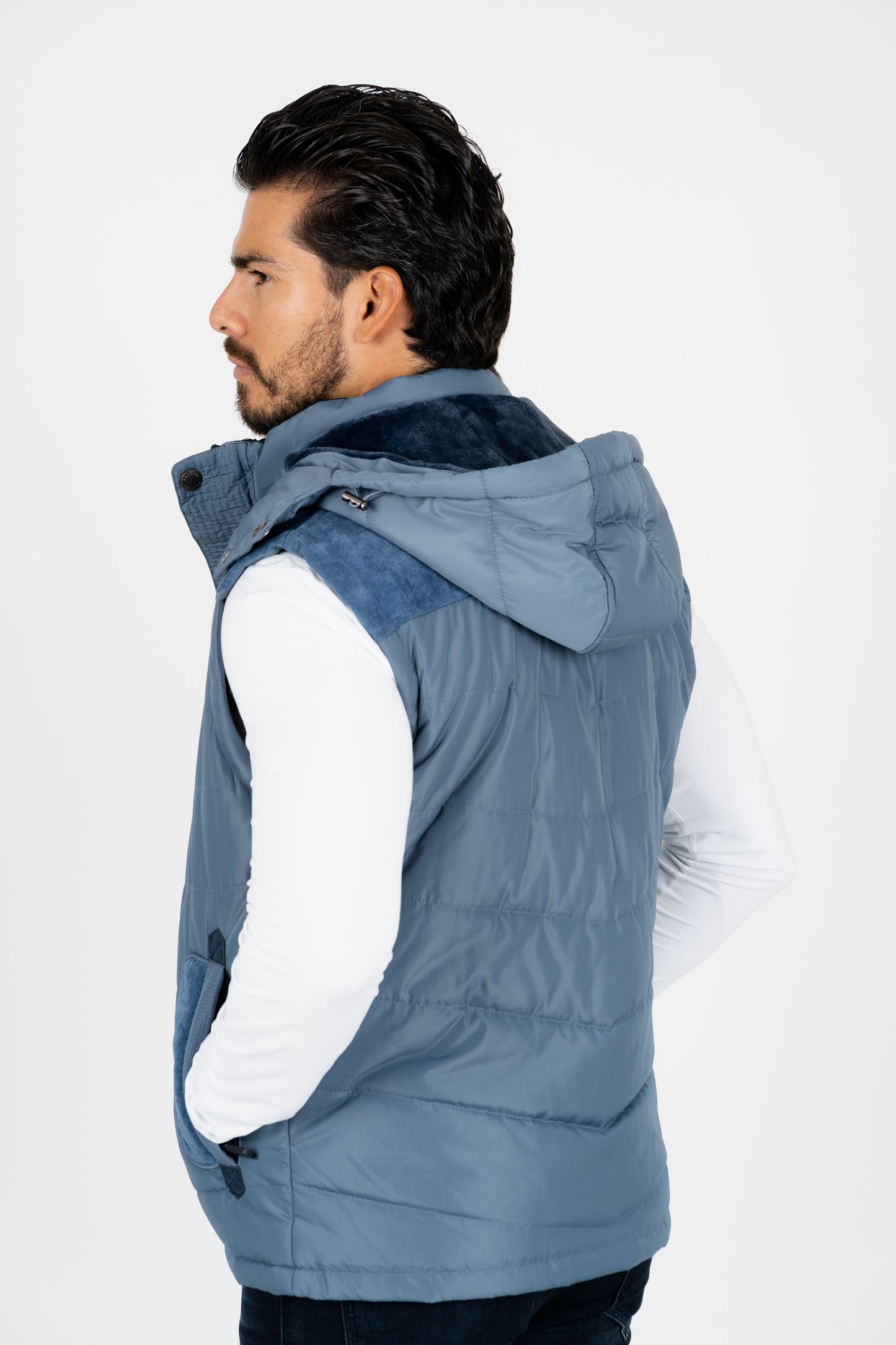 men blue padded hooded vest platini back