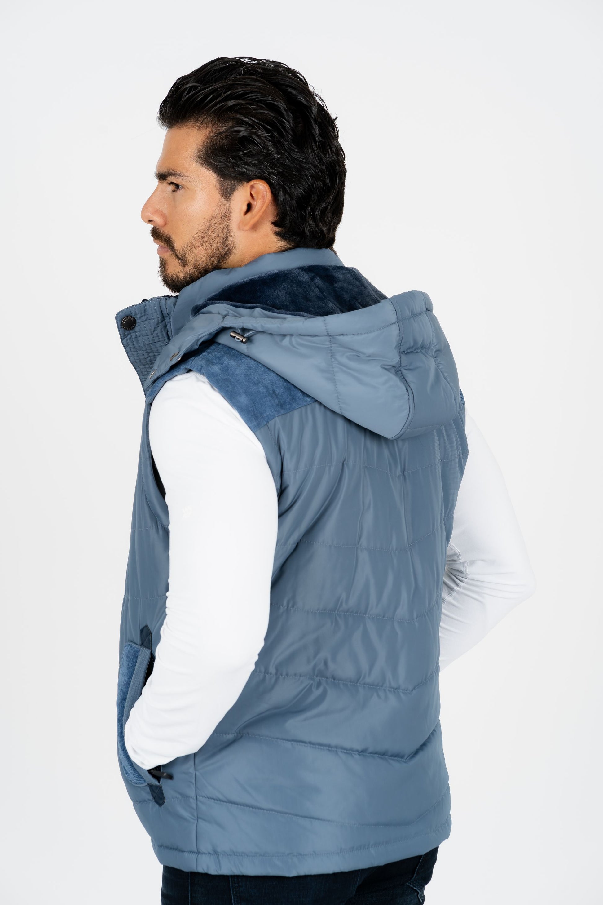 men blue padded hooded vest platini back