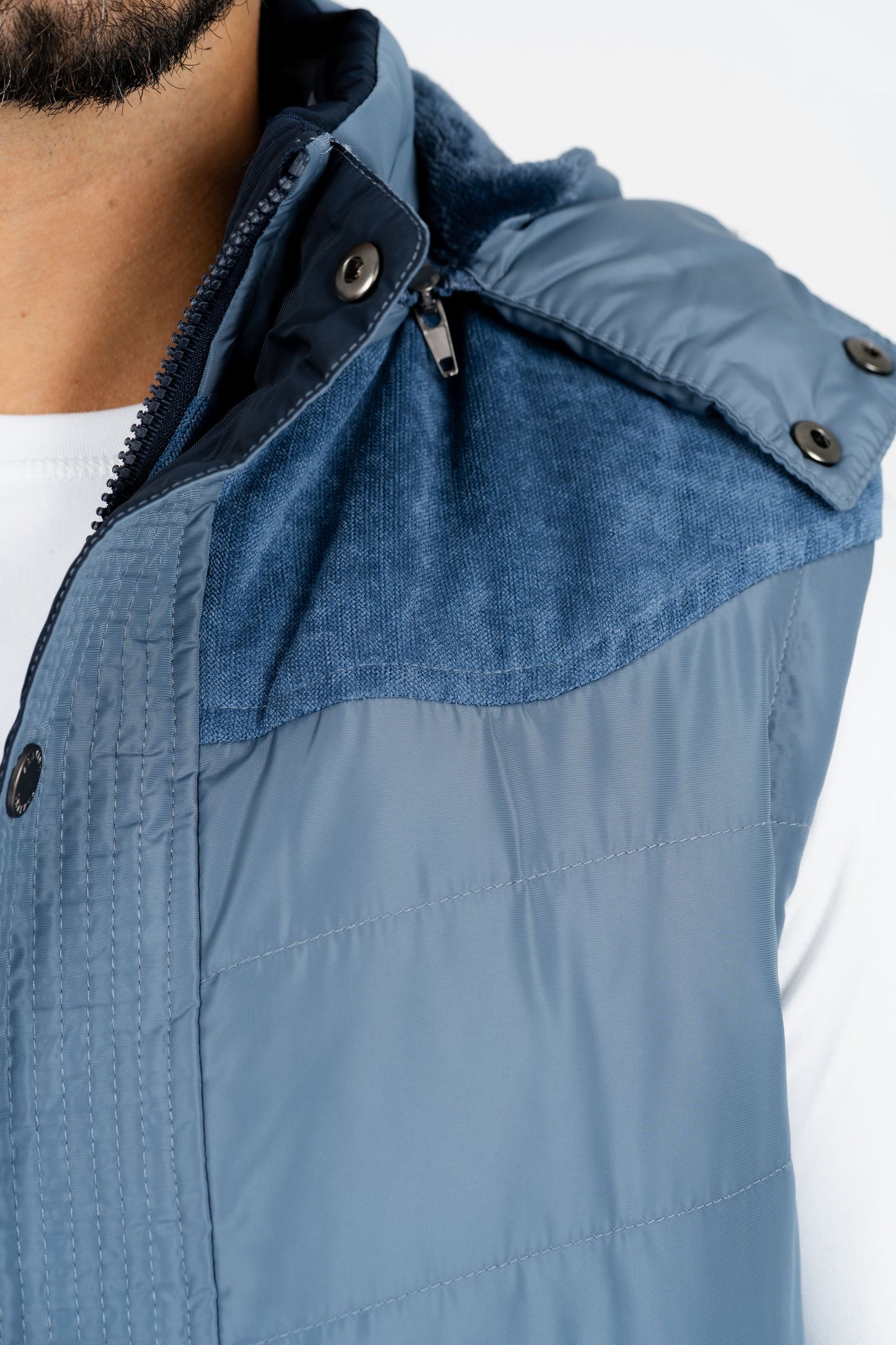 men blue padded hooded vest platini close