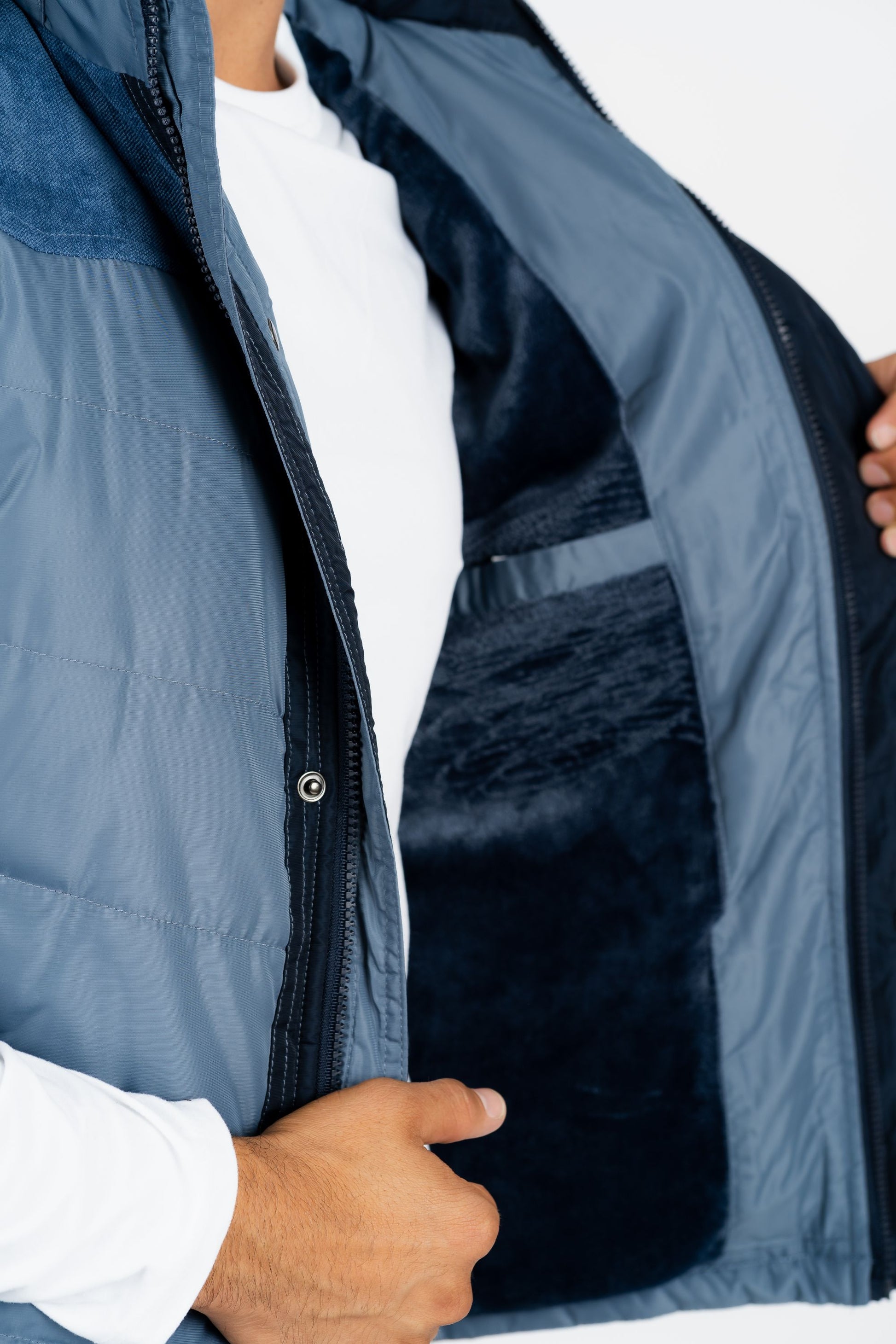 men blue padded hooded vest platini detail