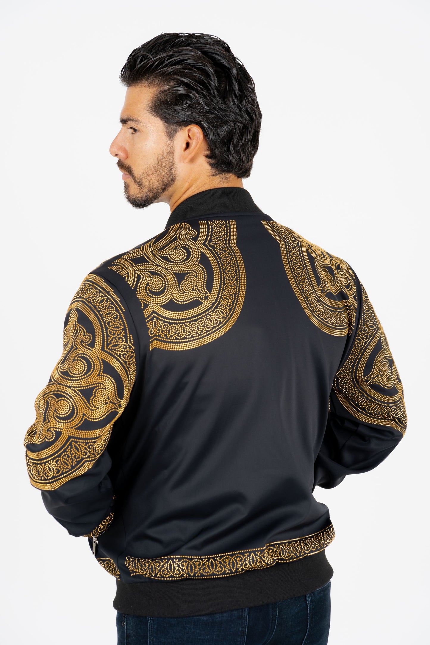 black rhinestone bomber jacket platini back
