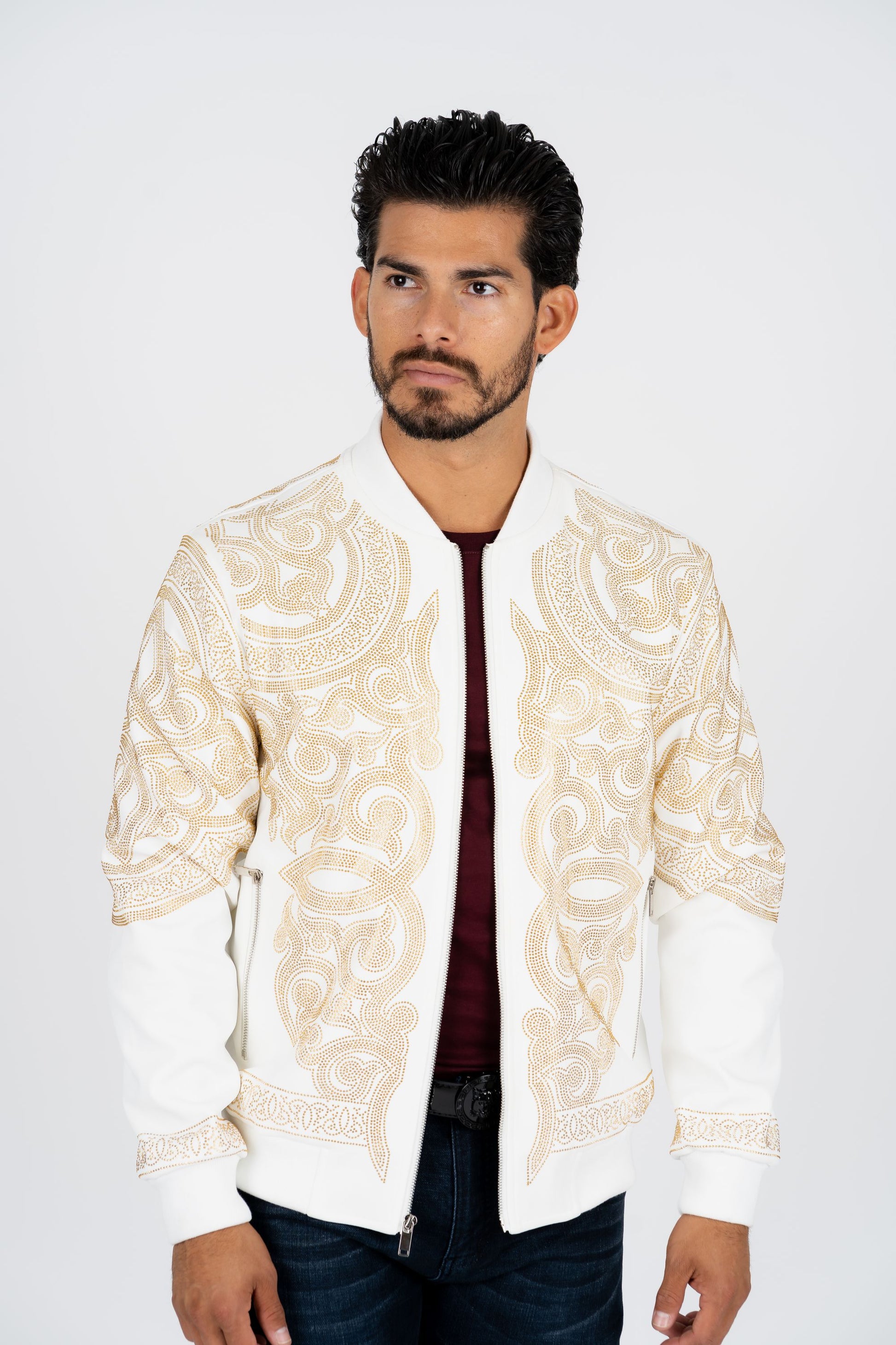 white rhinestone bomber jacket platini front
