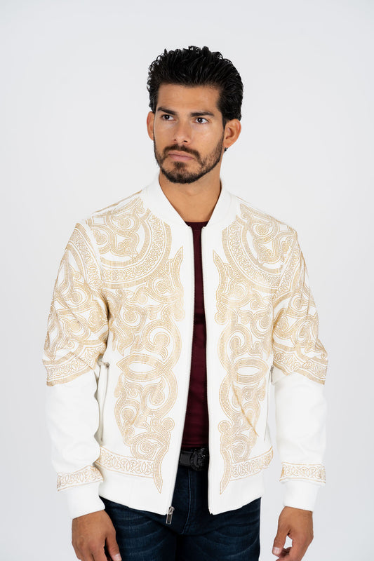white rhinestone bomber jacket platini front